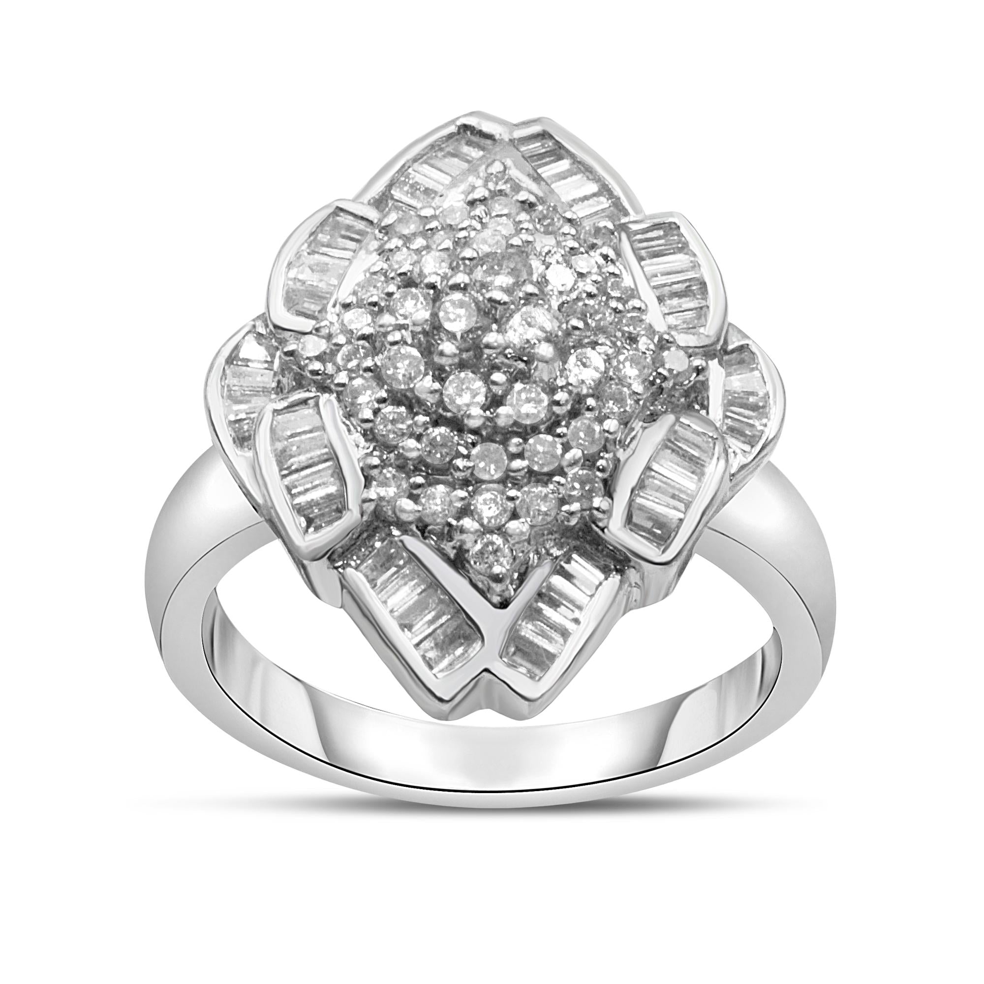 14K White Gold 7/8 Cttw Round and Baguette-Cut Diamond Cluster Ring (H-I Color, SI2-I1 Clarity)-1