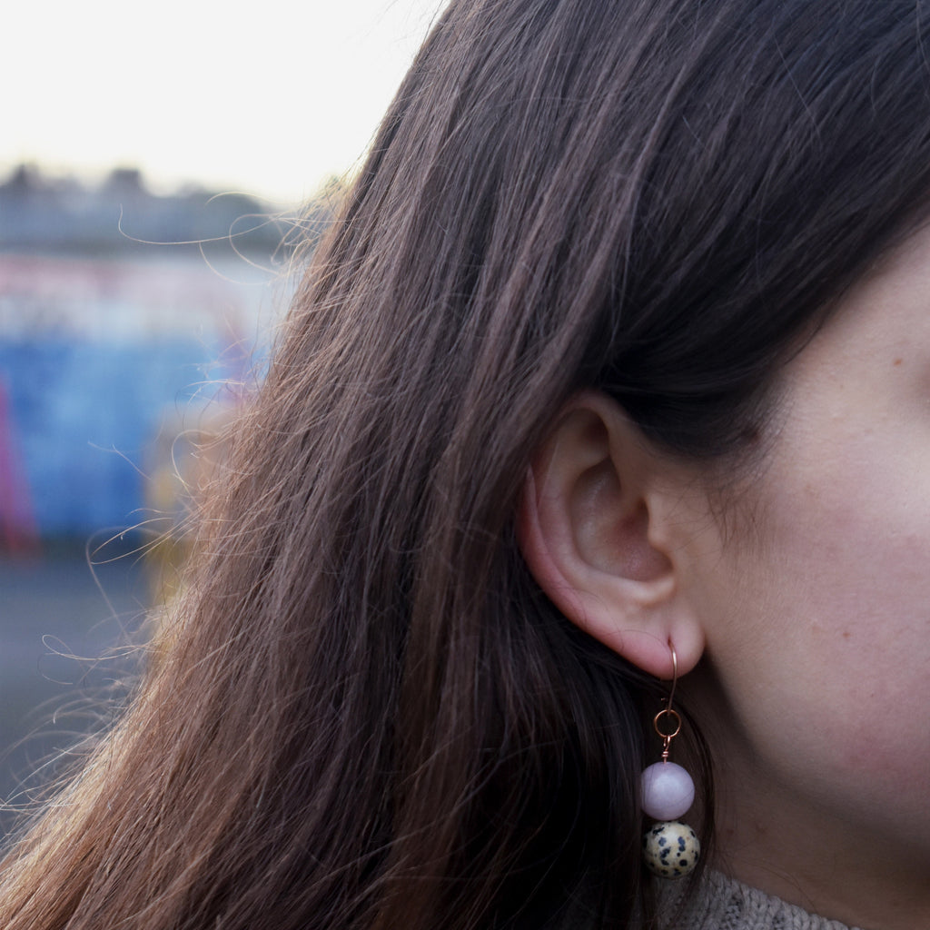 Dalmatian Jasper and Rose Quartz Rose Gold Vermeil, 9k or 18k Rose Gold Earrings, Bloom Collection | by nlanlaVictory