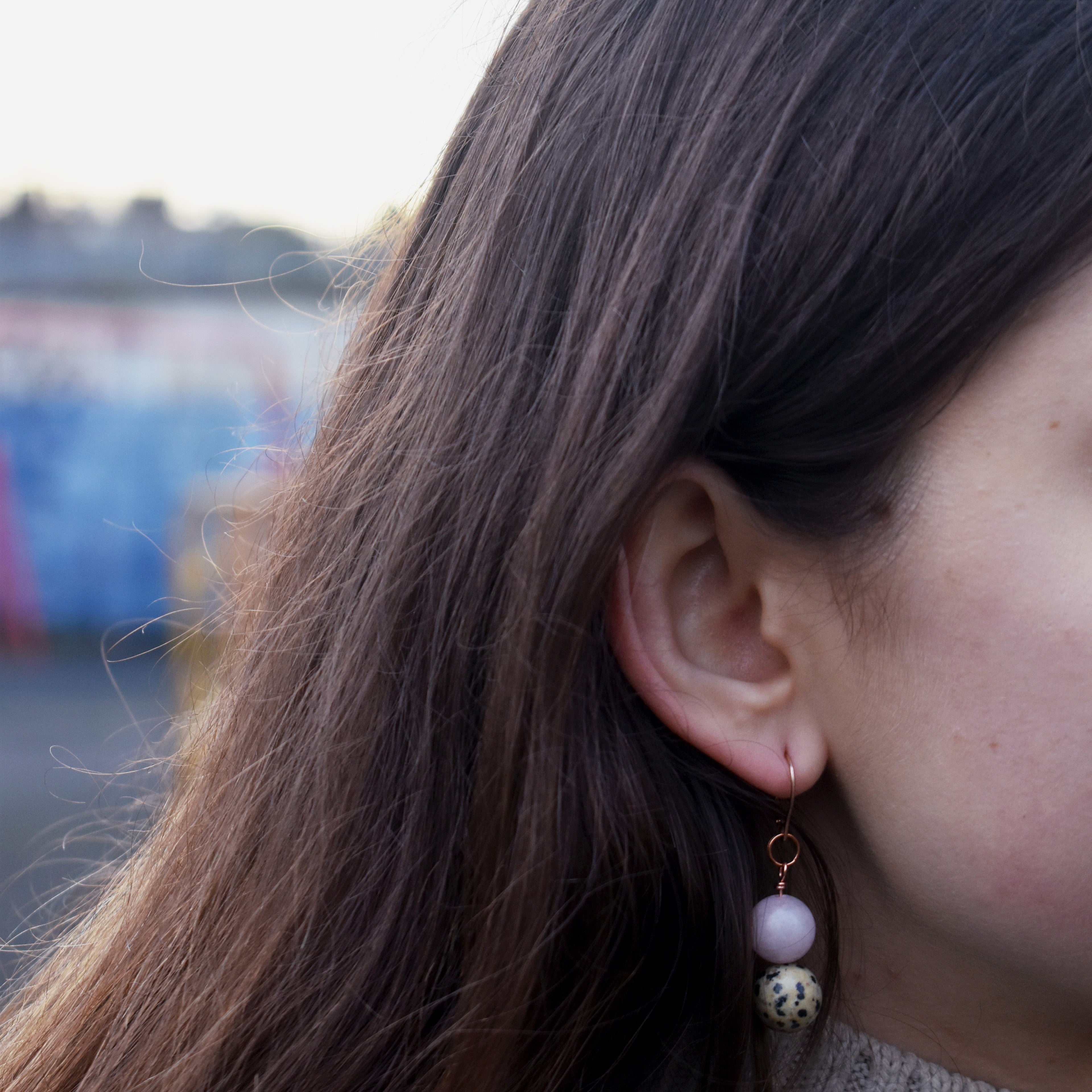 Dalmatian Jasper and Rose Quartz Rose Gold Vermeil, 9k or 18k Rose Gold Earrings, Bloom Collection | by nlanlaVictory