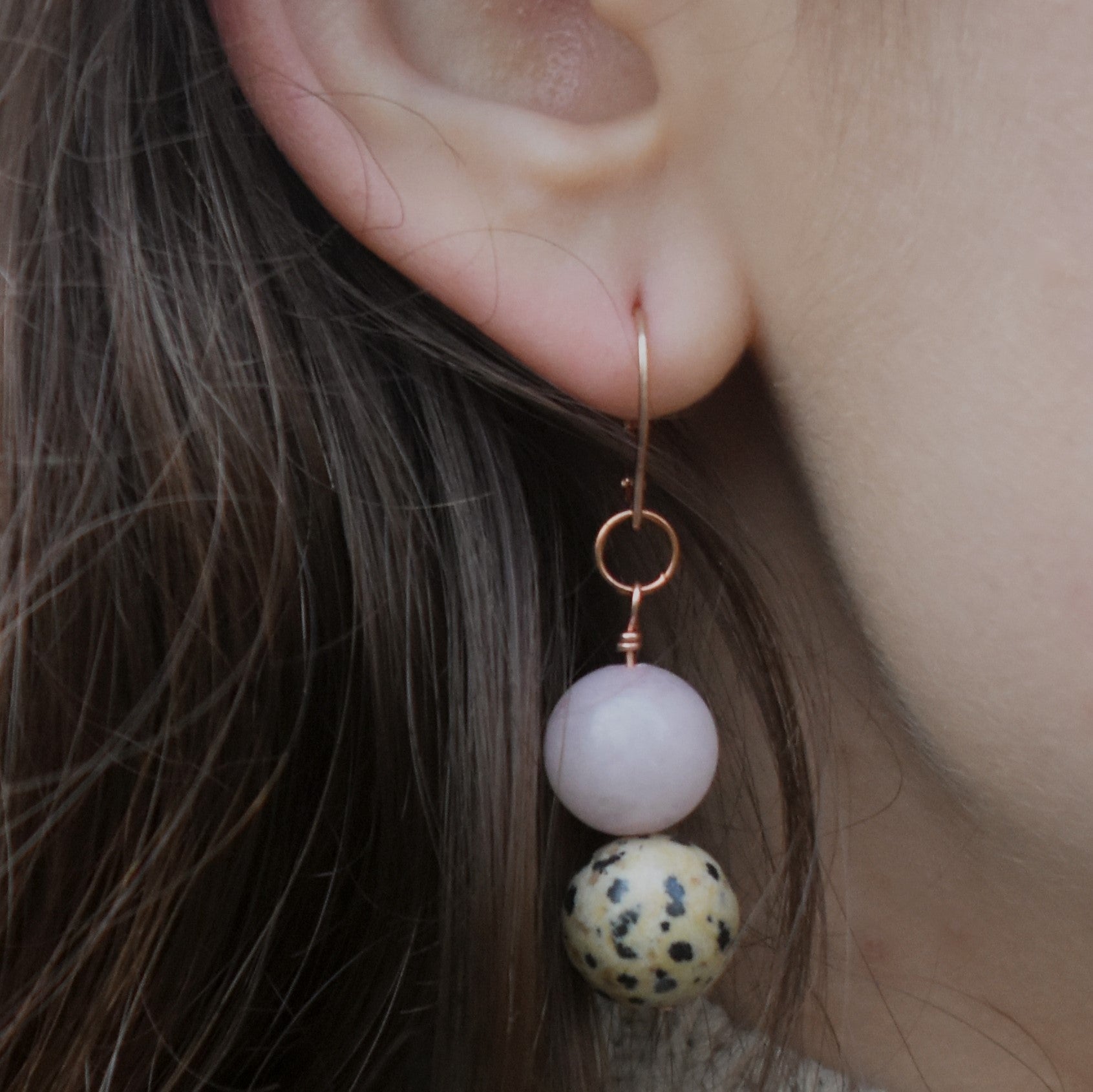 Dalmatian Jasper and Rose Quartz Rose Gold Vermeil, 9k or 18k Rose Gold Earrings, Bloom Collection | by nlanlaVictory