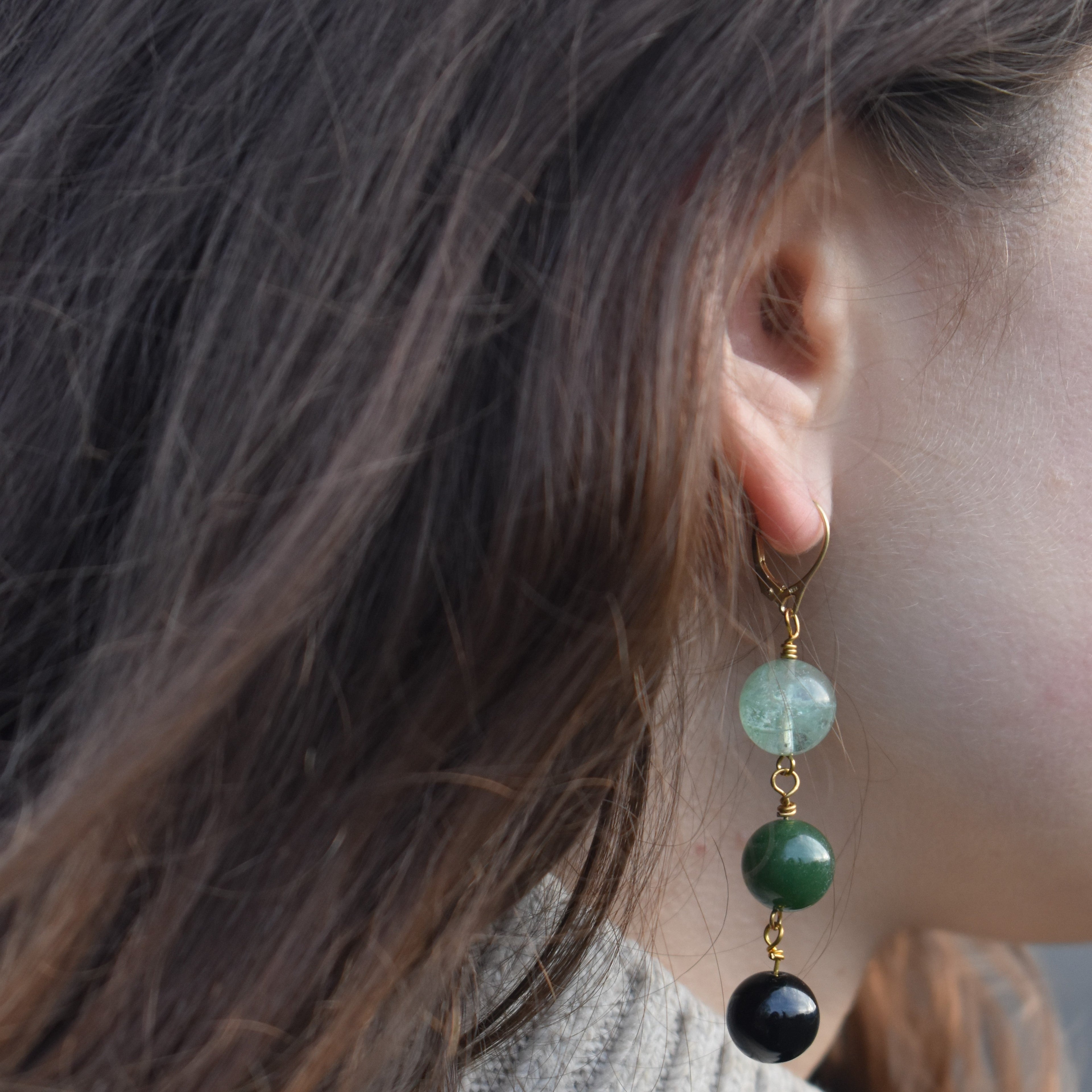 Green Quartz, Green Agate and Black Onyx Yellow Gold vermeil, 9k or 18k Gold Vermeil Earrings, Bloom Collection | by nlanlaVictory