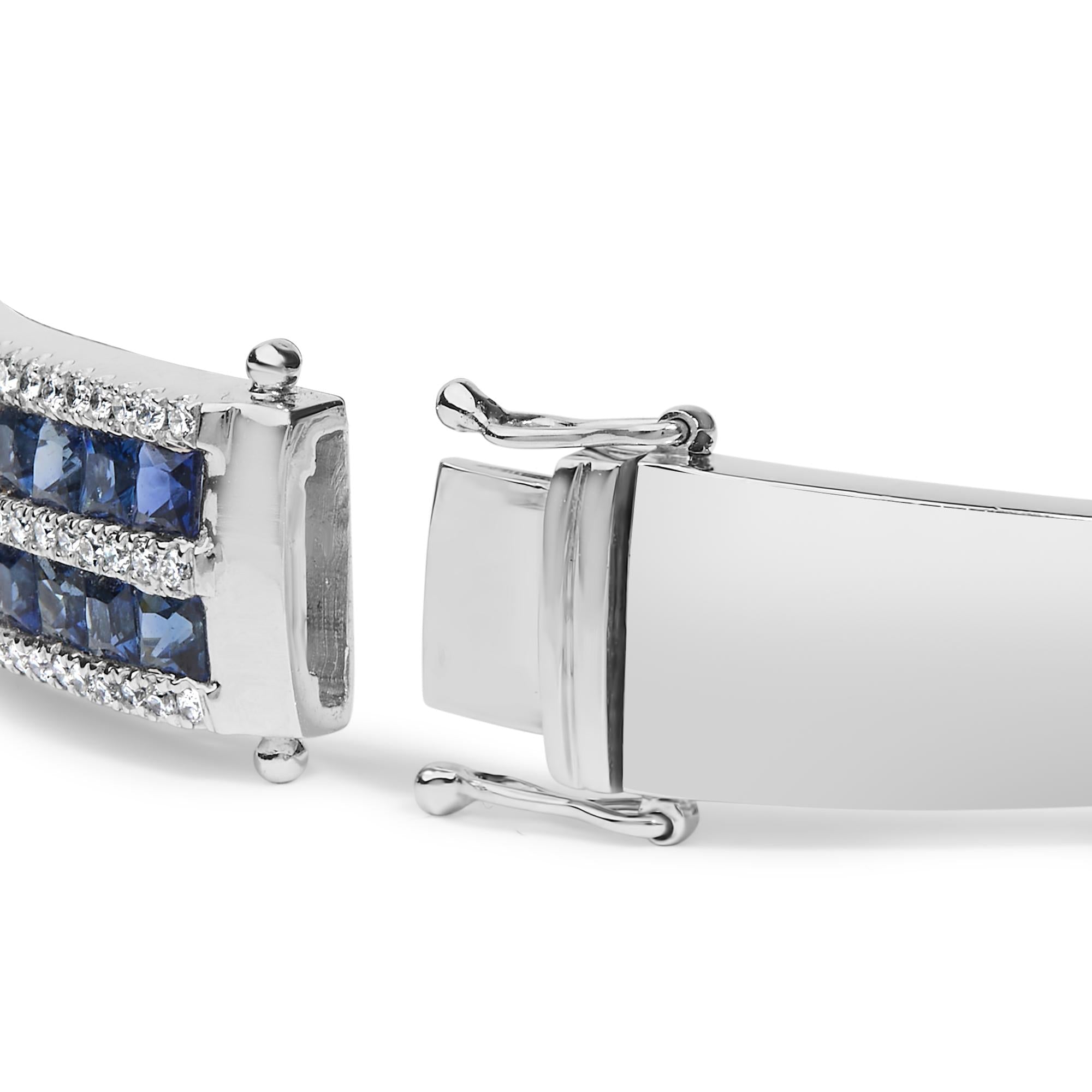 18K White Gold Alternating Diamond and 8.00 Cttw Princess Cut Blue Sapphire Multi Row Bangle Bracelet (G-H Color, VS1-VS2 Clarity) - 7" Inches-1