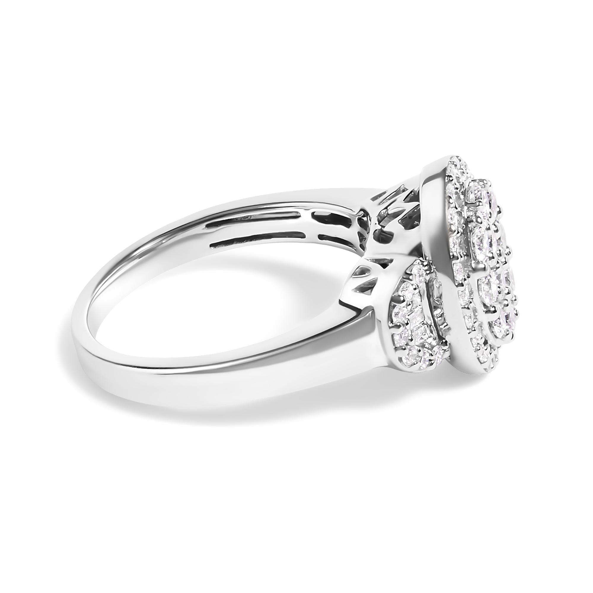 10K White Gold 1.0 Cttw Diamond Oval Cluster with Halo Vintage-Inspired Art Deco 3 Stone Style Statement Ring (G-H Color, SI1-SI2 Clarity)-1