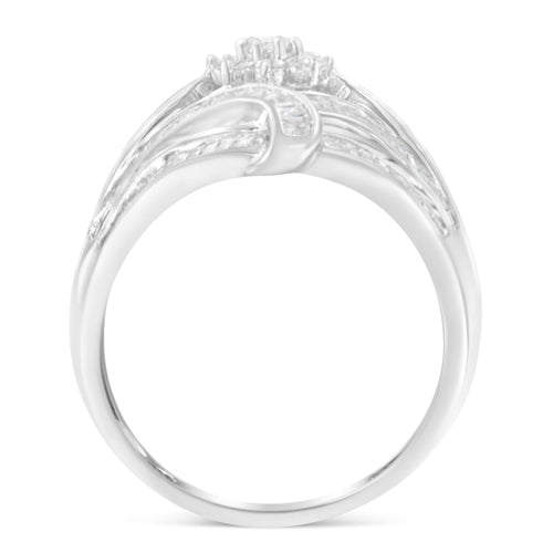 .925 Sterling Silver 1-1/8 Cttw Round & Baguette Diamond 'Flower & Fern' Cluster Cocktail Fashion Ring (I-J Color, I2-I3 Clarity)-1
