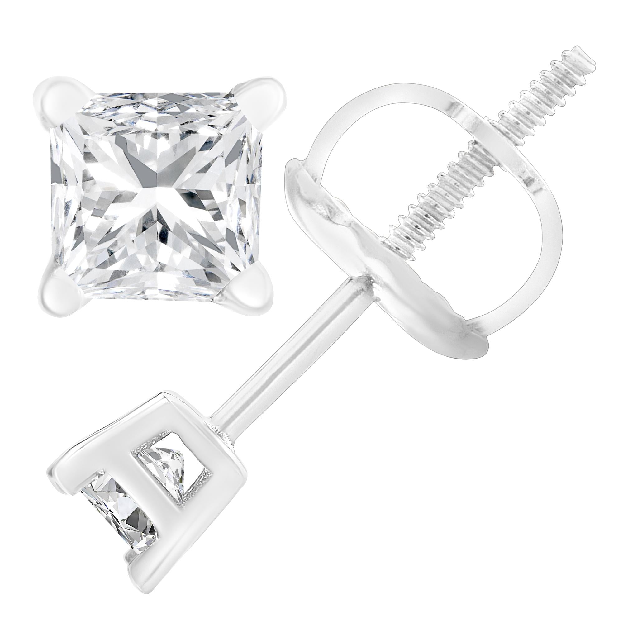 AGS Certified 18K White Gold 1.0 Cttw 4-Prong Set Princess-Cut Solitaire Diamond Screw Back Stud Earrings (E-F Color, SI2-I1 Clarity)-2