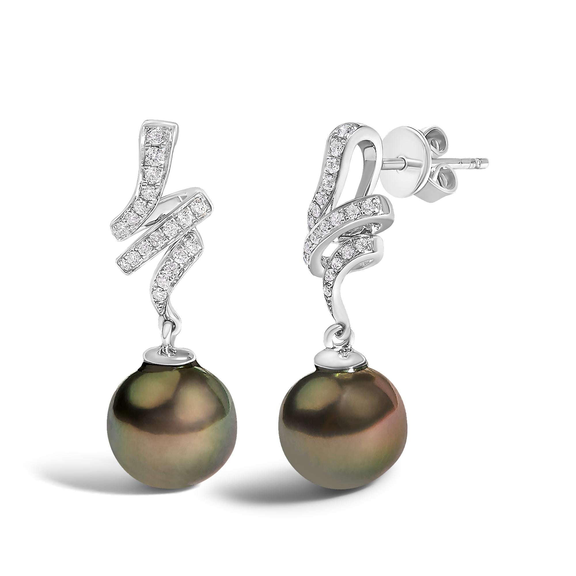 14K White Gold 9MM Cultured Black Pearl and Diamond Accent Drop and Dangle Earrings (I-J Color, SI1-SI2 Clarity)-1