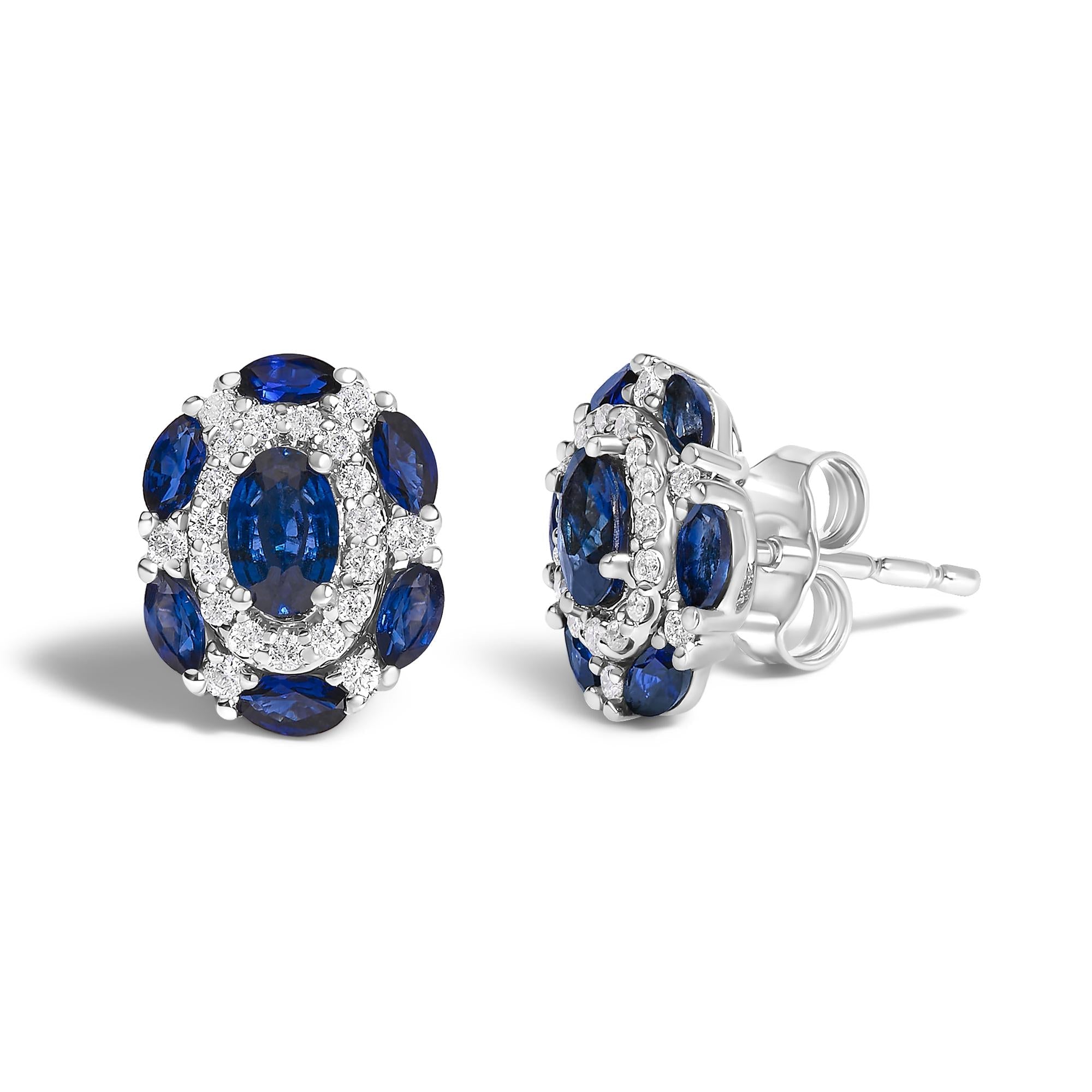 14K White Gold Blue Sapphire and Diamond Vintage Style Stud Earrings (G-H Color, SI2-I1 Clarity)-1