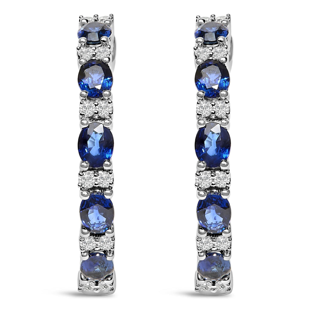 14K White Gold 4x3mm Oval Blue Sapphire and 1/4 Cttw Diamond Alternating Hoop Earring (I-J Color, SI2-I1 Clarity)-1