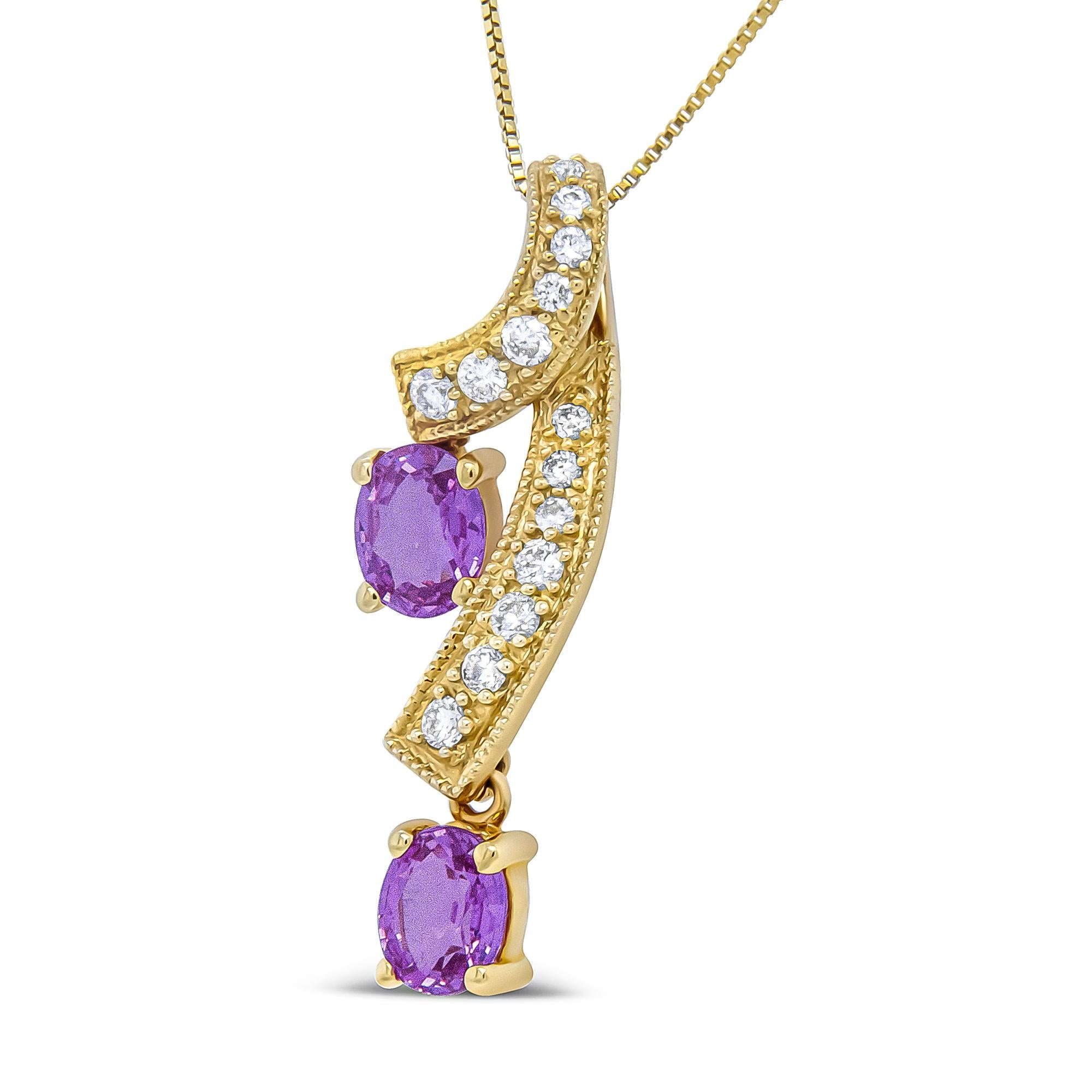 14K Yellow Gold 6x4mm Oval Pink Sapphire and 1/5 Cttw Round Diamond Pendant Necklace - (H-I Color, SI1-SI2 Clarity)-1