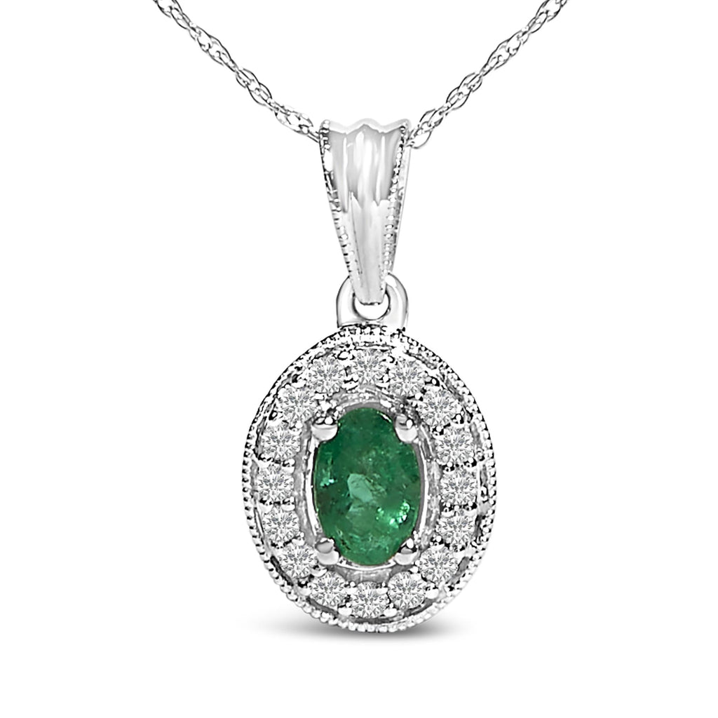 14K White Gold Oval 6x4 MM Green Emerald and Diamond Halo Pendant Necklace - 18 inch-1