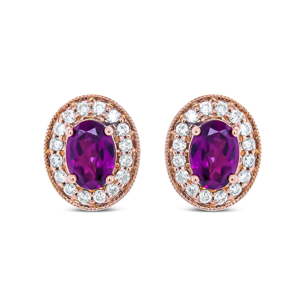14K Rose Gold 7x5mm Oval Cut Garnet and 3/8 Cttw Round Diamond Halo Stud Earrings (G-H Color, SI1-SI2 Clarity)-1