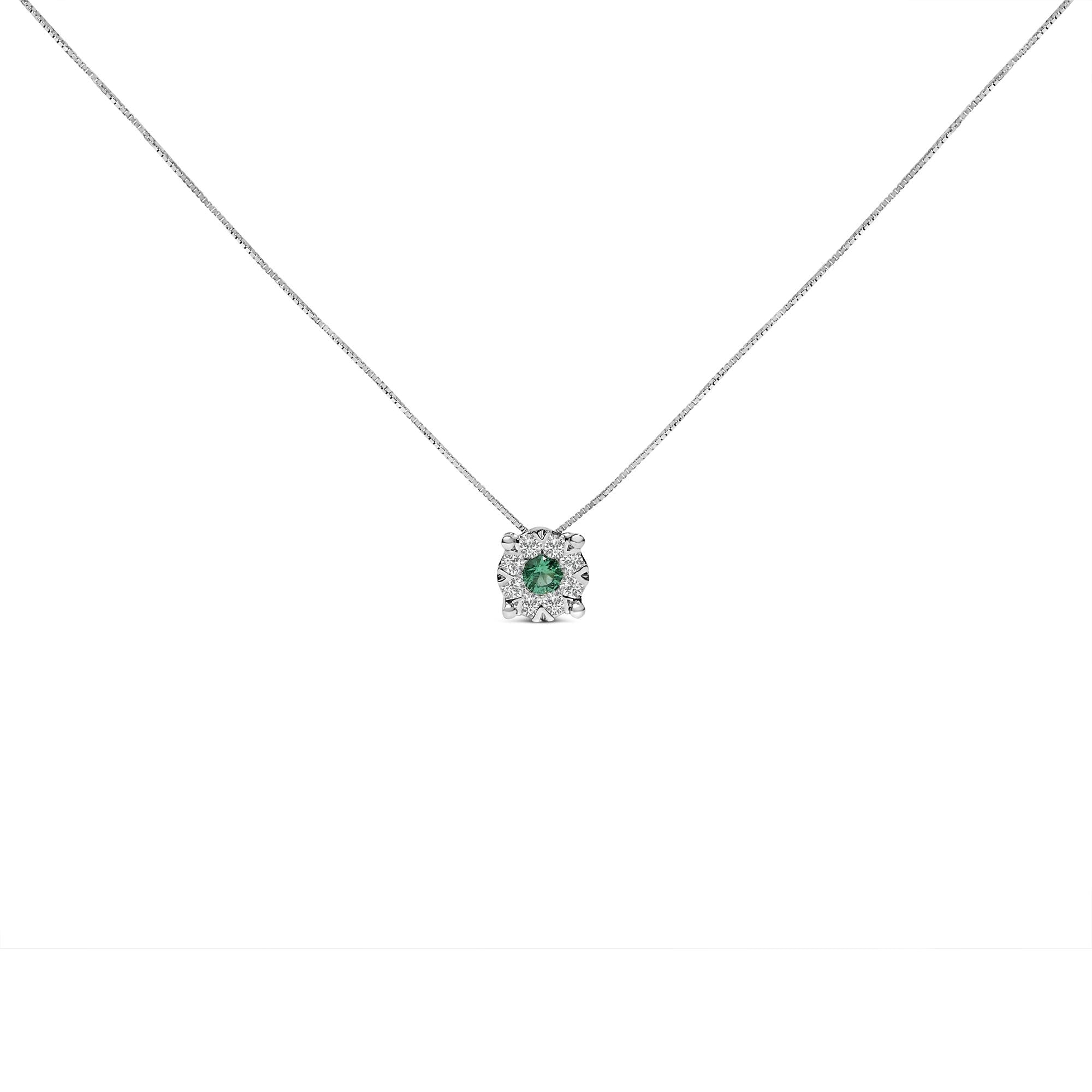 14K White Gold 3.8 MM Green Emerald and 1/3 Cttw Diamond Composite Halo 18" Pendant Necklace (F-G Color, VS2-SI1 Clarity)-1