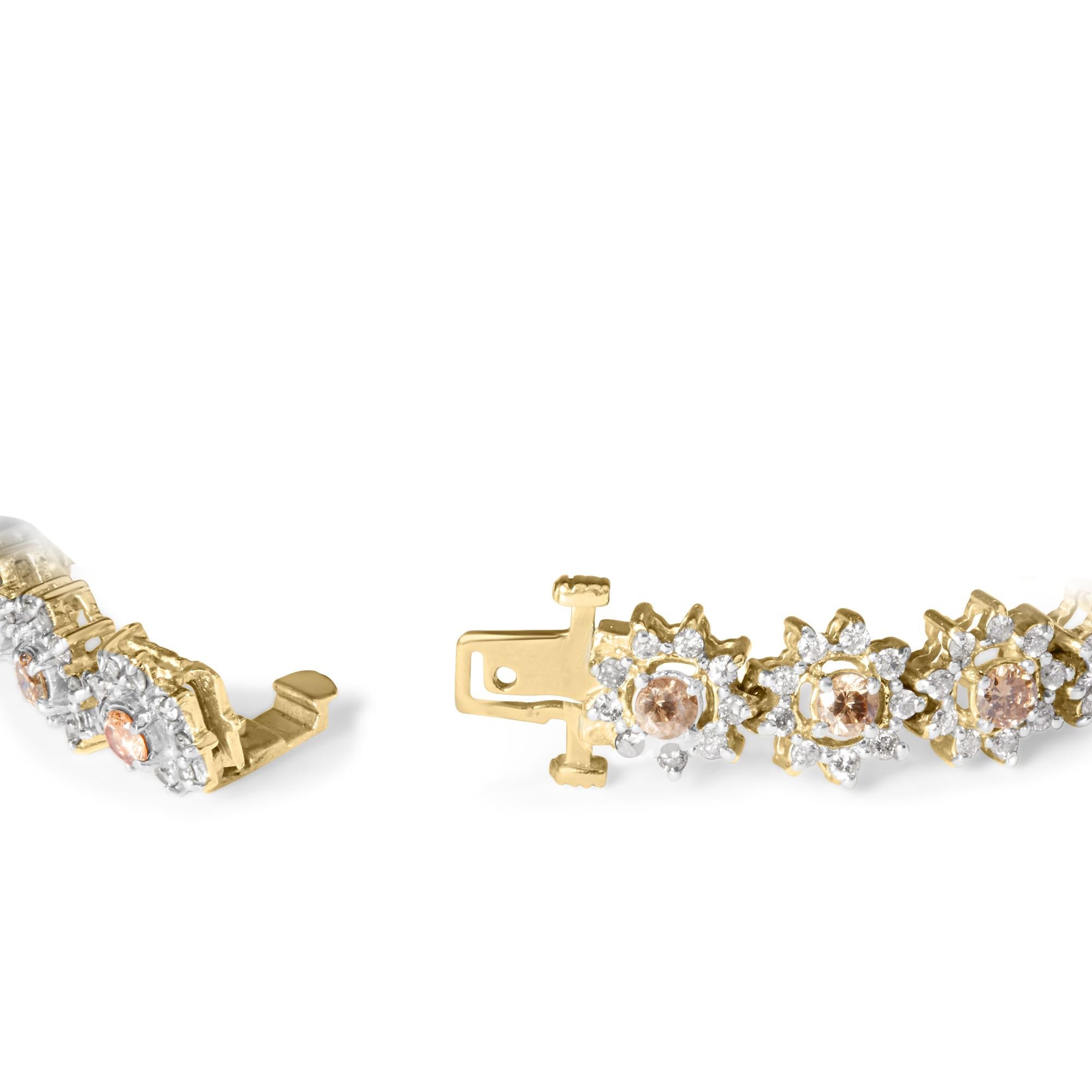 14K Yellow Gold 8.00 Cttw Champagne Diamond Floral Cluster Halo Link Bracelet (H-I Color, I1-I2 Clarity)-1