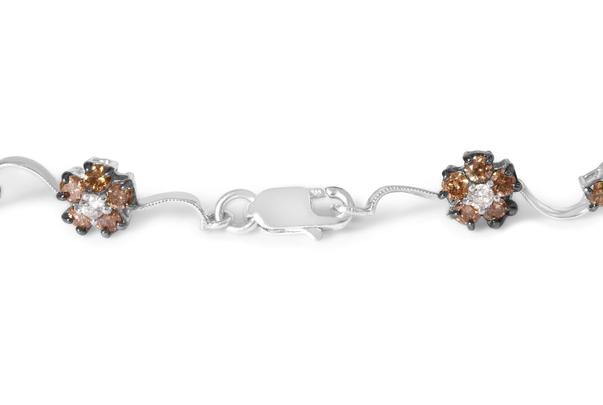 10K White Gold 4.0 Cttw Champagne and White Diamond Floral Cluster and Station Link Bracelet (H-I Color, SI2-I1 Clarity) - 7" Inches-1