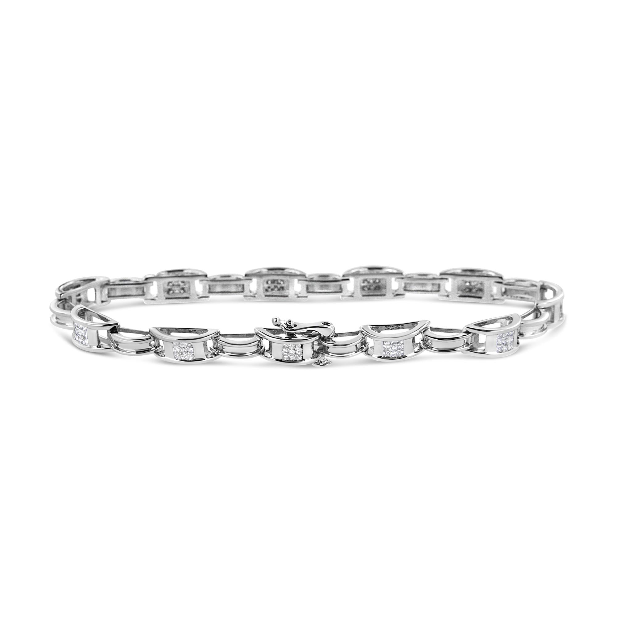 14K White Gold 1.0 Cttw Invisible Set Princess Diamond Alternating Link Tennis Bracelet (I-J Color, I1-I2 Clarity) - 7.25"-1