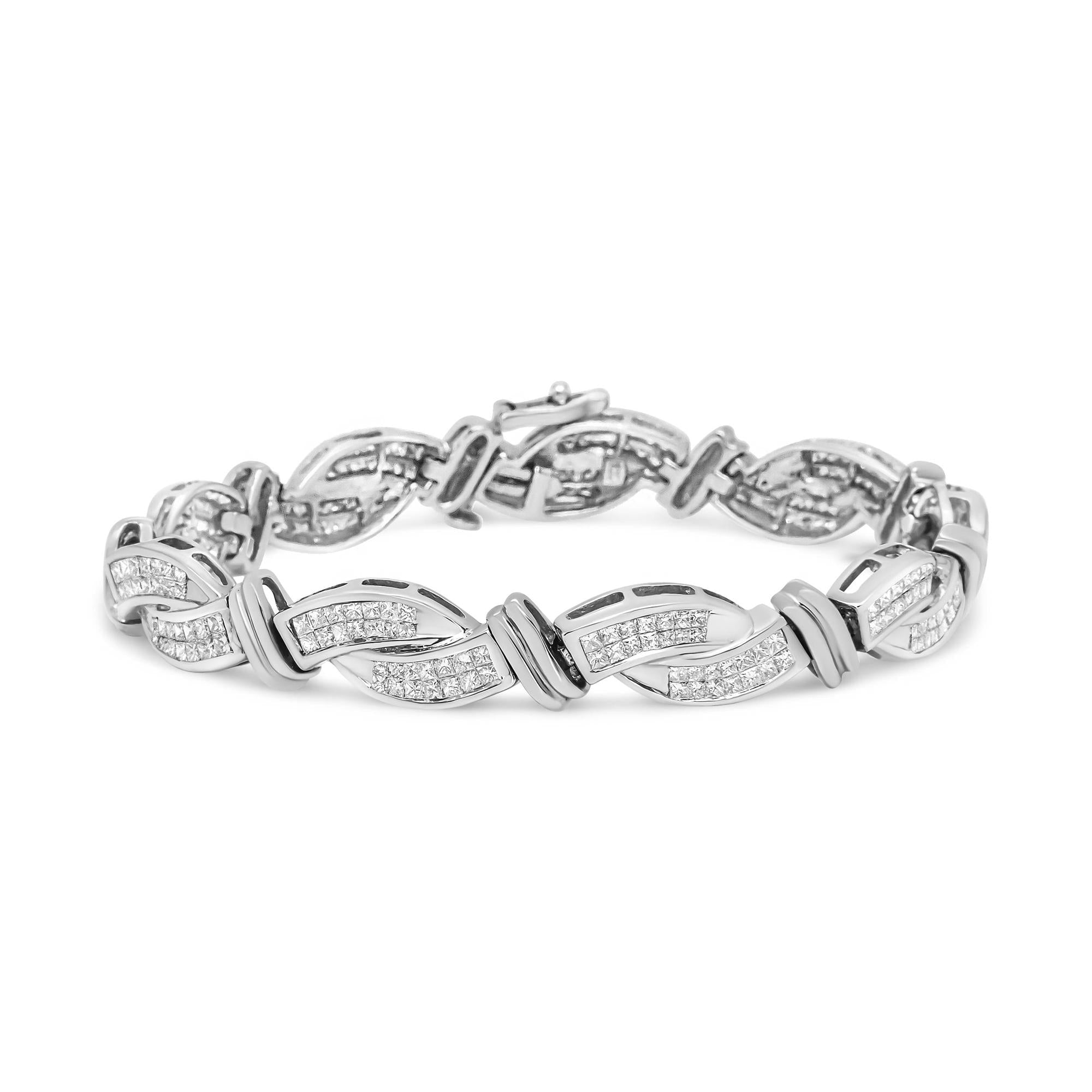 14K White Gold 4.0 Cttw Invisble Set Princess-Cut Diamond Wave Style Link Bracelet (H-I Color, SI2-I1 Clarity) - 7"-1
