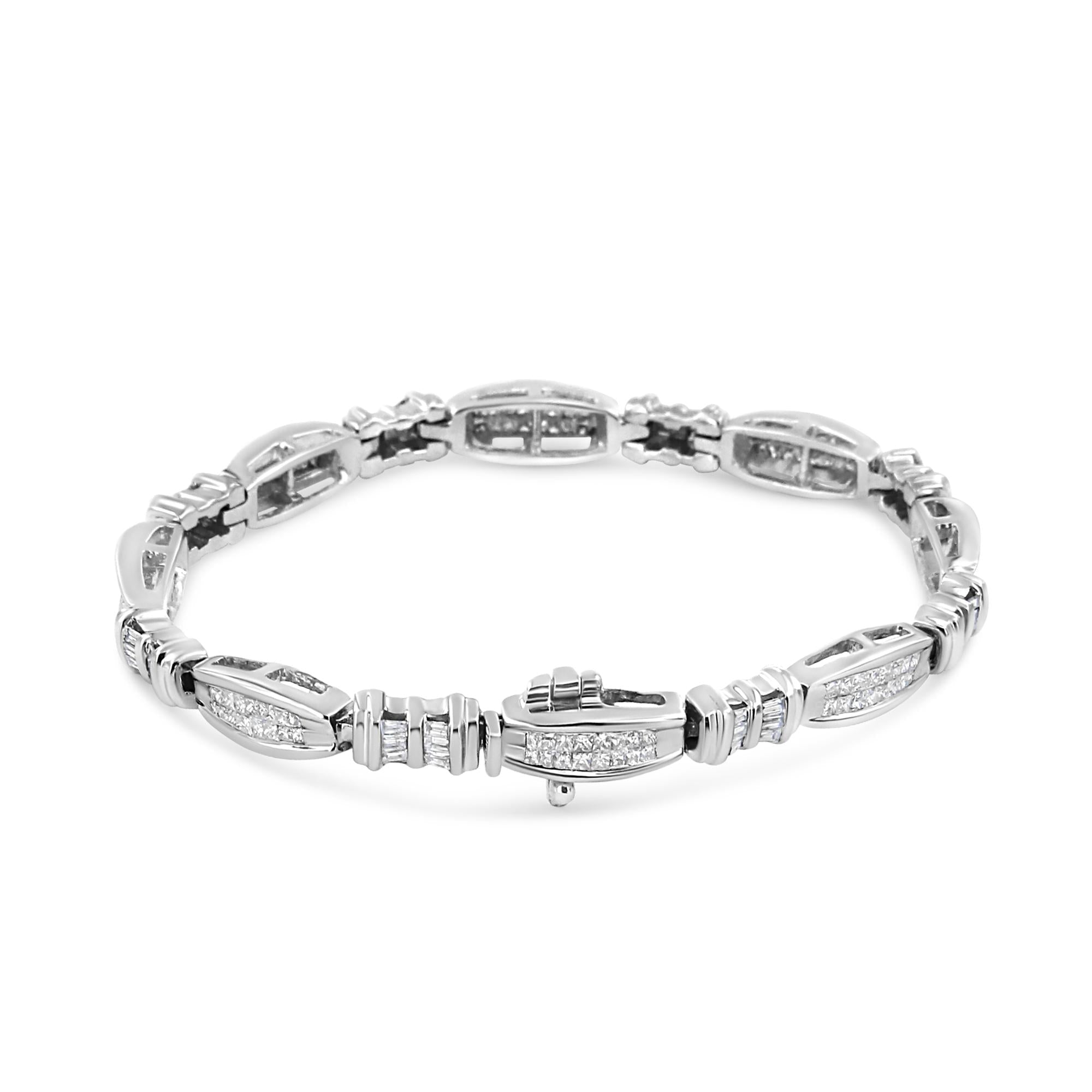 14K White Gold 2.0 Cttw Channel-Set Alternating Baguette and Princess-Cut Diamond Link Bracelet (H-I Color, SI2-I1 Clarity) - Size 7-1