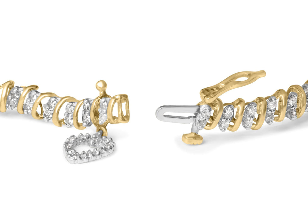 10K Yellow Gold 2.0 Cttw Diamond 2 Row Link and Heart Charm 7" Link Bracelet (I-J Color, I3 Clarity)-1