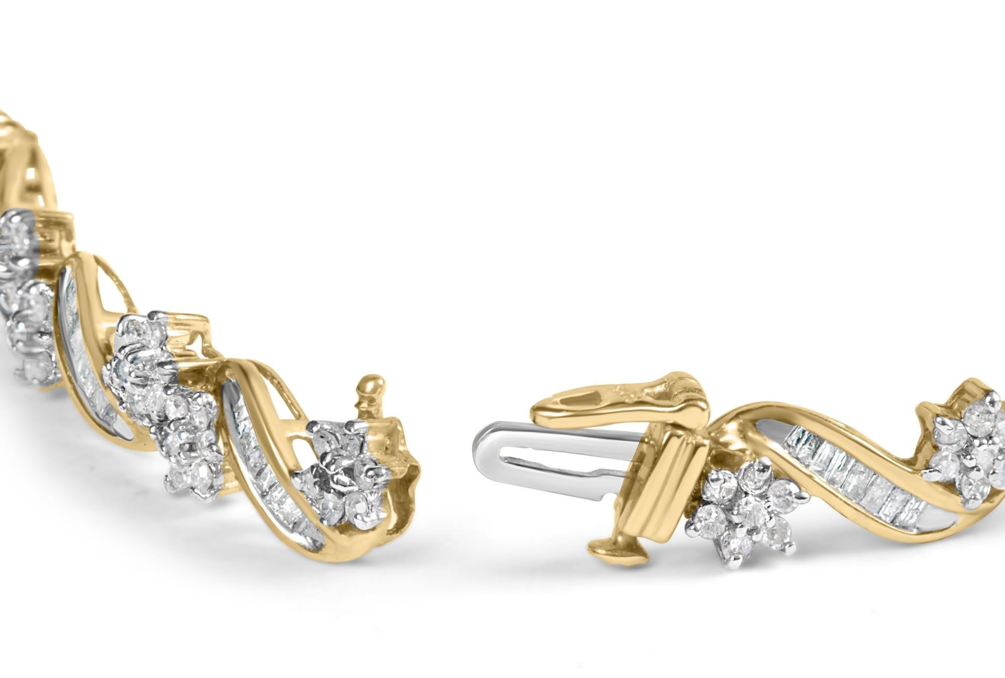 10k Yellow Gold 3.00 Cttw Round-Cut and Baguette-Cut Floral Link 7.25" Bracelet (I-J Color, I1-I2 Clarity)-1