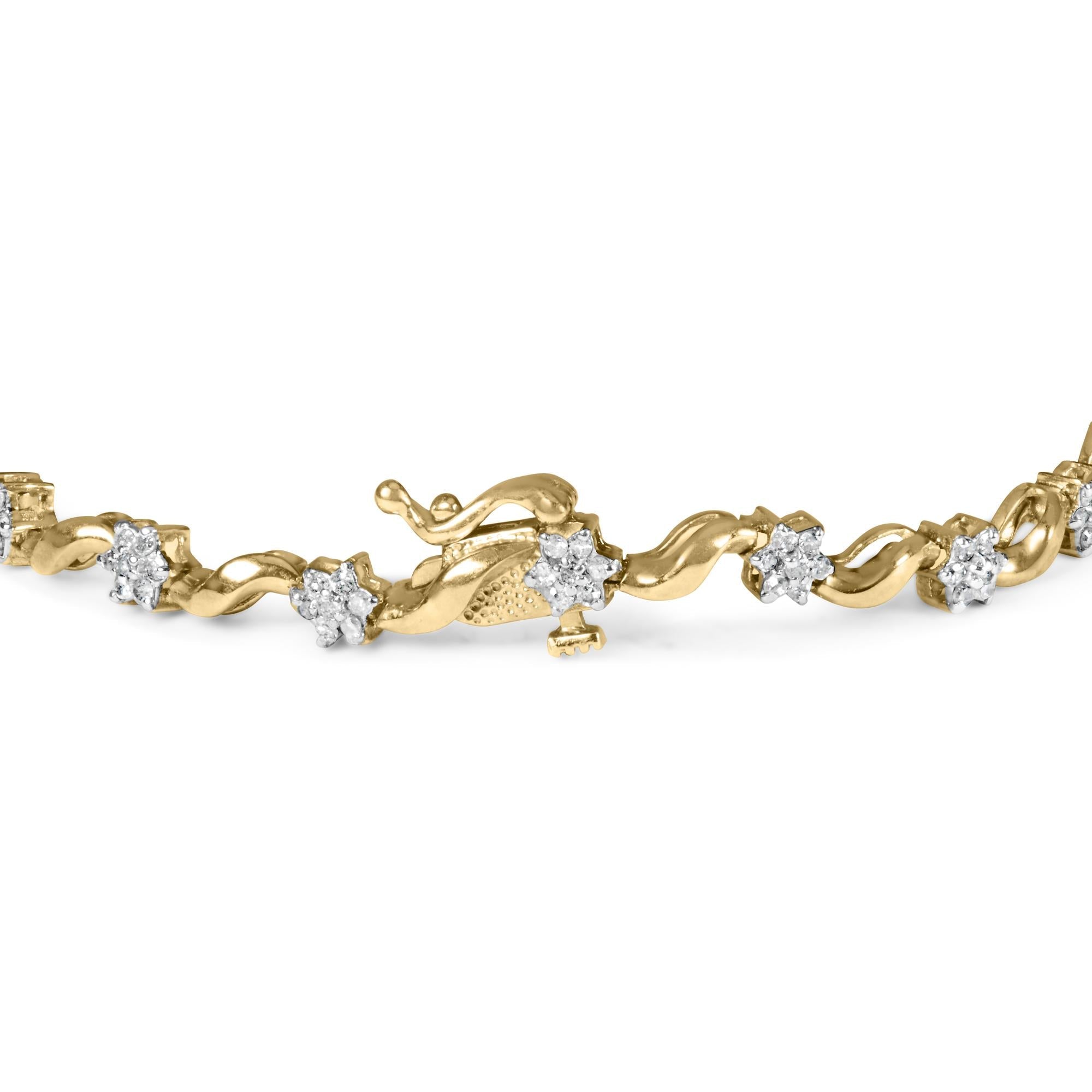 10k Yellow Gold 1.00 Cttw Round-Cut Diamond Floral S-Link 7.50" Bracelet (I-J Color, I2-I3 Clarity)-1