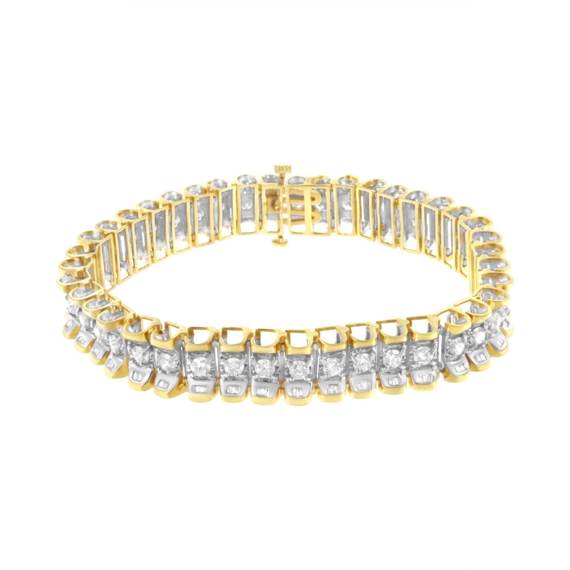 14K Yellow and White Gold 5.0 Cttw Round & Baguette Cut Diamond 7" Reflective Tennis Bracelet (H-I Color, I1-I2 Clarity)-1