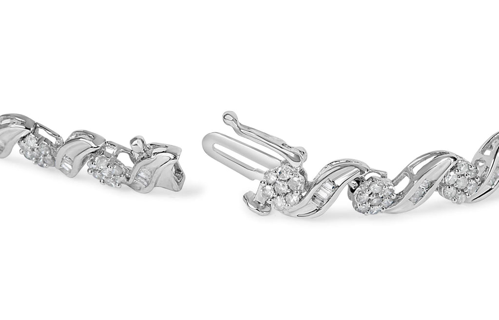 10K White Gold 2.00 Cttw Round-Cut and Baguette-Cut Diamond Floral Design Swirl Link 7" Bracelet (I-J Color, I1-I2 Clarity)-1