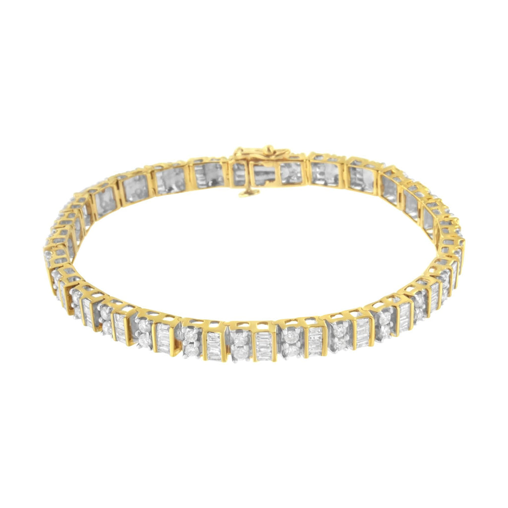 10K Yellow Gold 4.0 Cttw Alternating Baguette & Round Cut Diamond Bezel- & Prong-Set 7" Tennis Bracelet (G-H Color, SI1-SI2 Clarity)-1