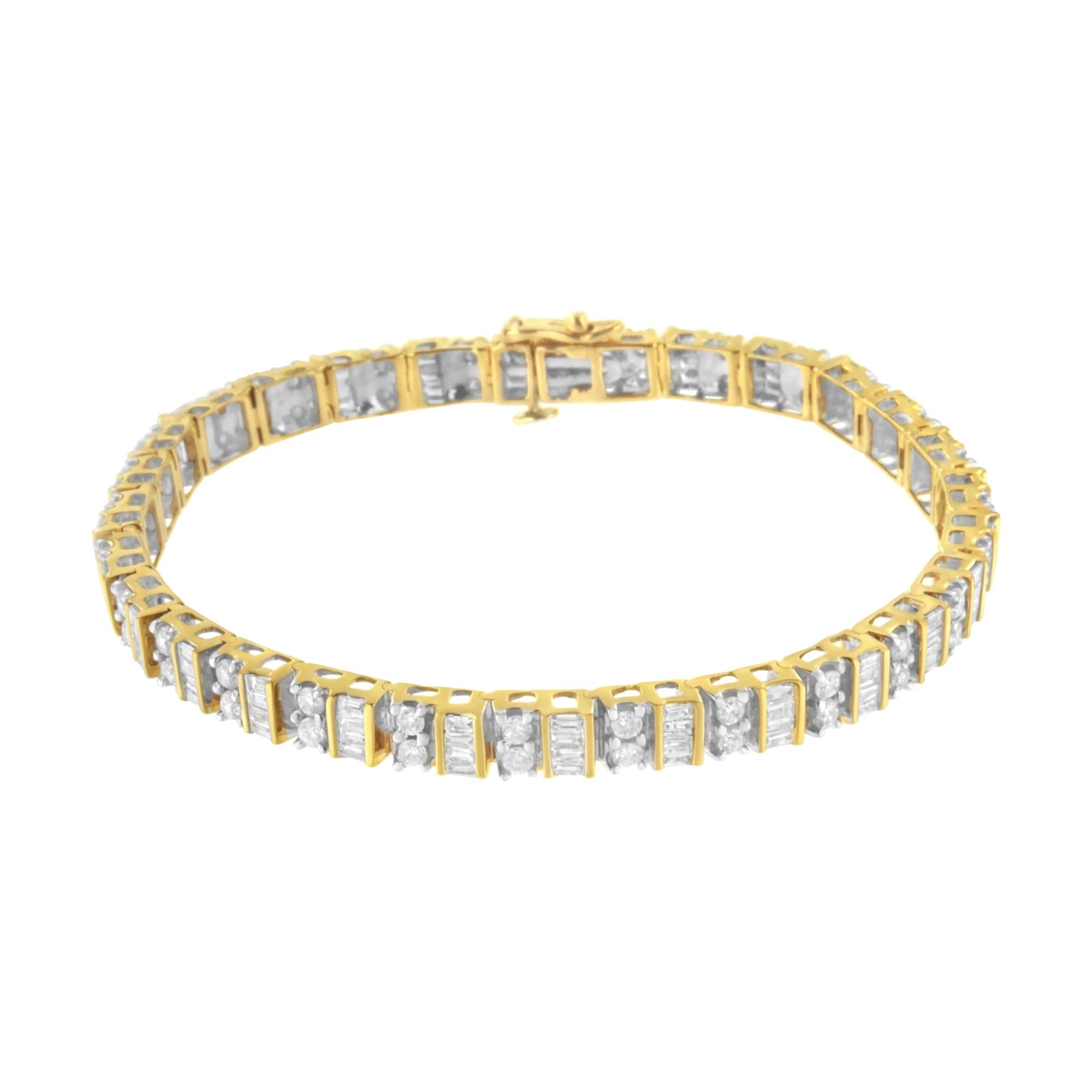 10K Yellow Gold 4.0 Cttw Alternating Baguette & Round Cut Diamond Bezel- & Prong-Set 7" Tennis Bracelet (G-H Color, SI1-SI2 Clarity)-1