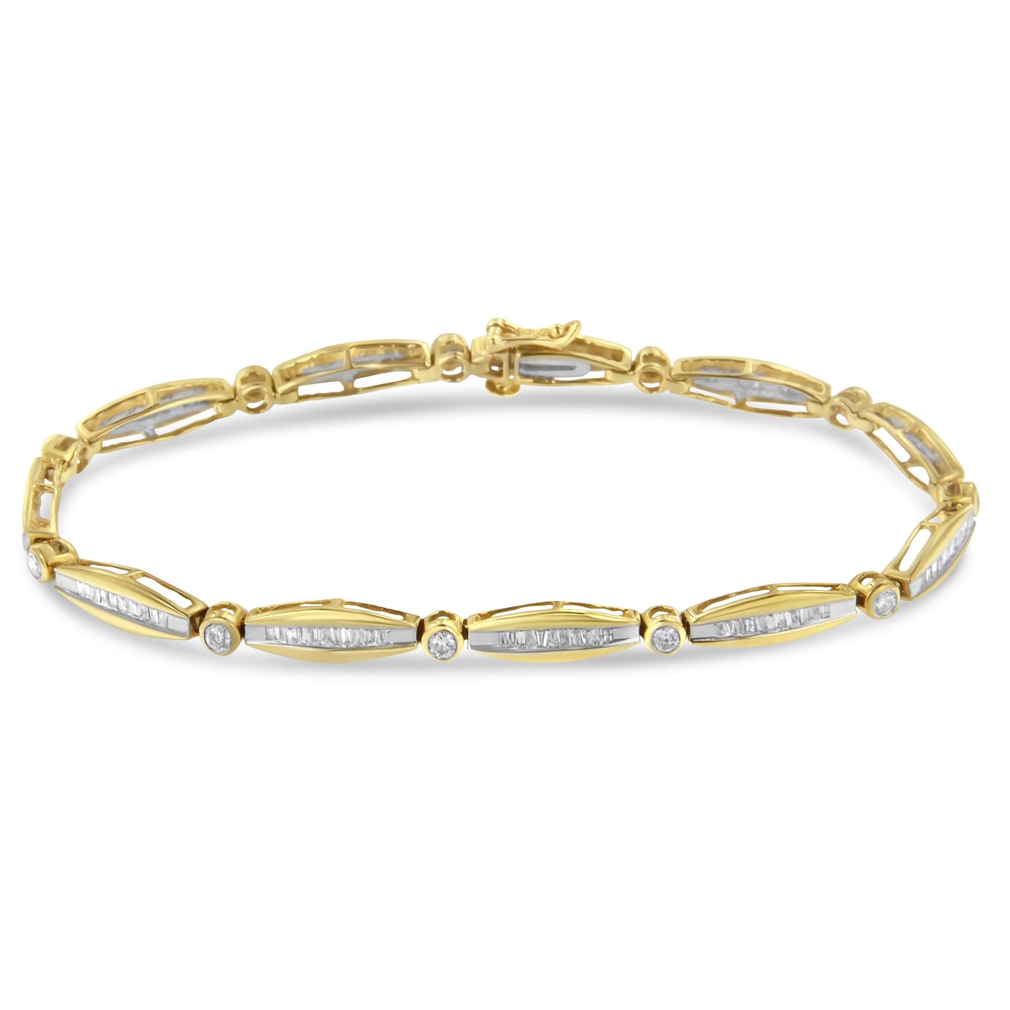14K Yellow Gold 1-1/2 Cttw Round Brilliant-Cut & Baguette Cut Diamond Bezel and Tapered Link 7" Tennis Bracelet (H-I Color, I1-I2 Clarity)-1
