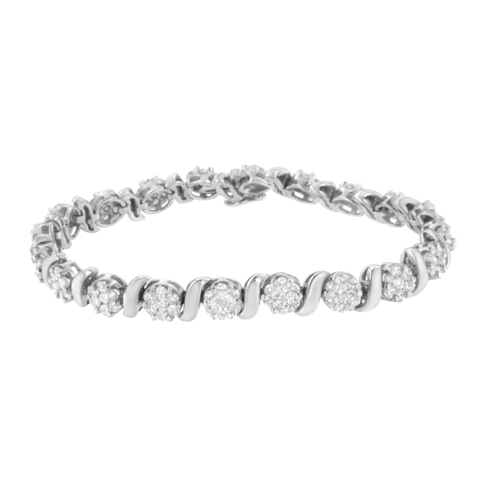 14K White Gold 5 1/4 cttw Diamond S-Link Floral Cluster Tennis Bracelet (I-J Clarity, SI2-I1 Color) - Size 7"-1