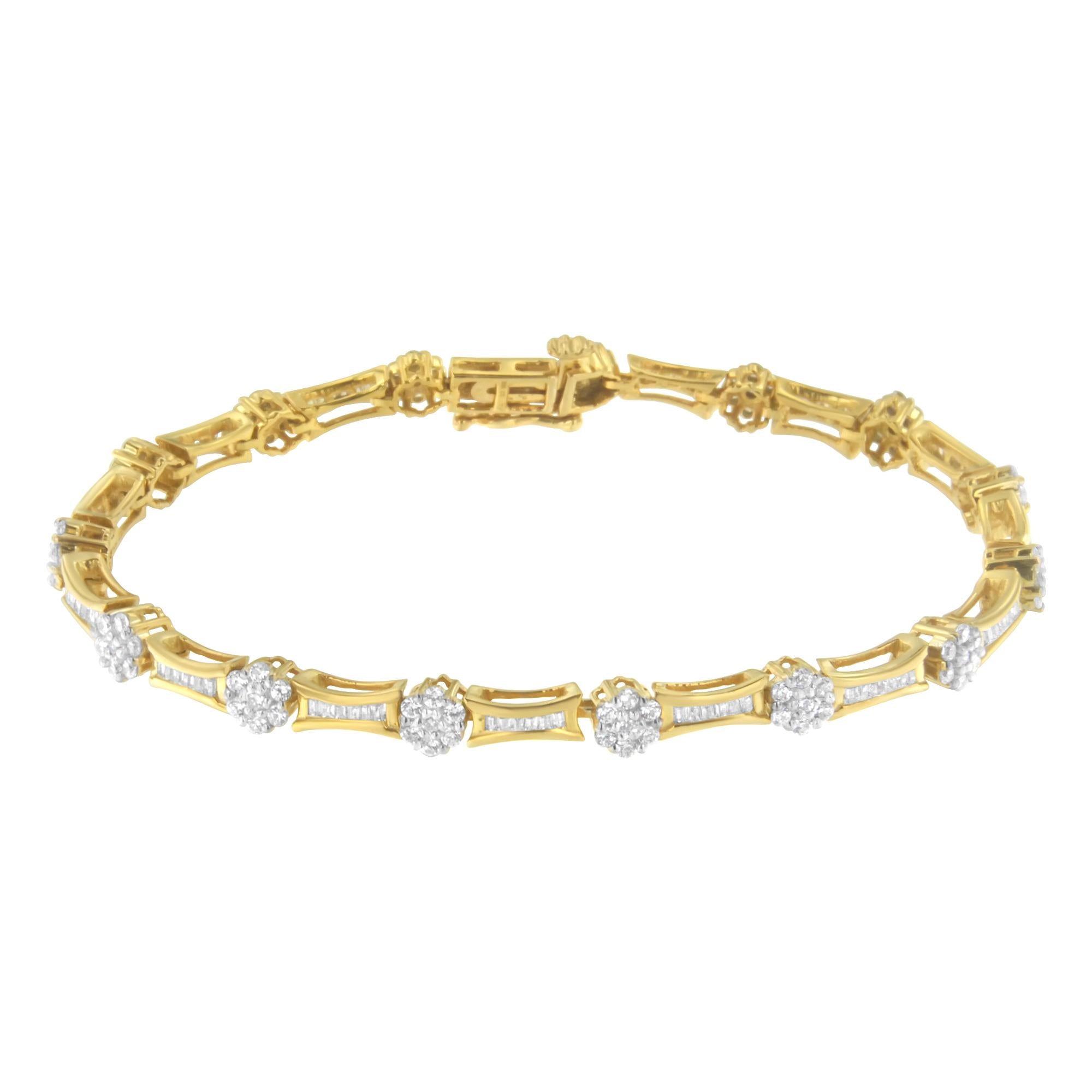 10K Yellow and White Gold 2.00 cttw Round and Baguette-Cut Diamond Link Bracelet (I-J Color, I2-I3 Clarity) - Size 7.25"-1