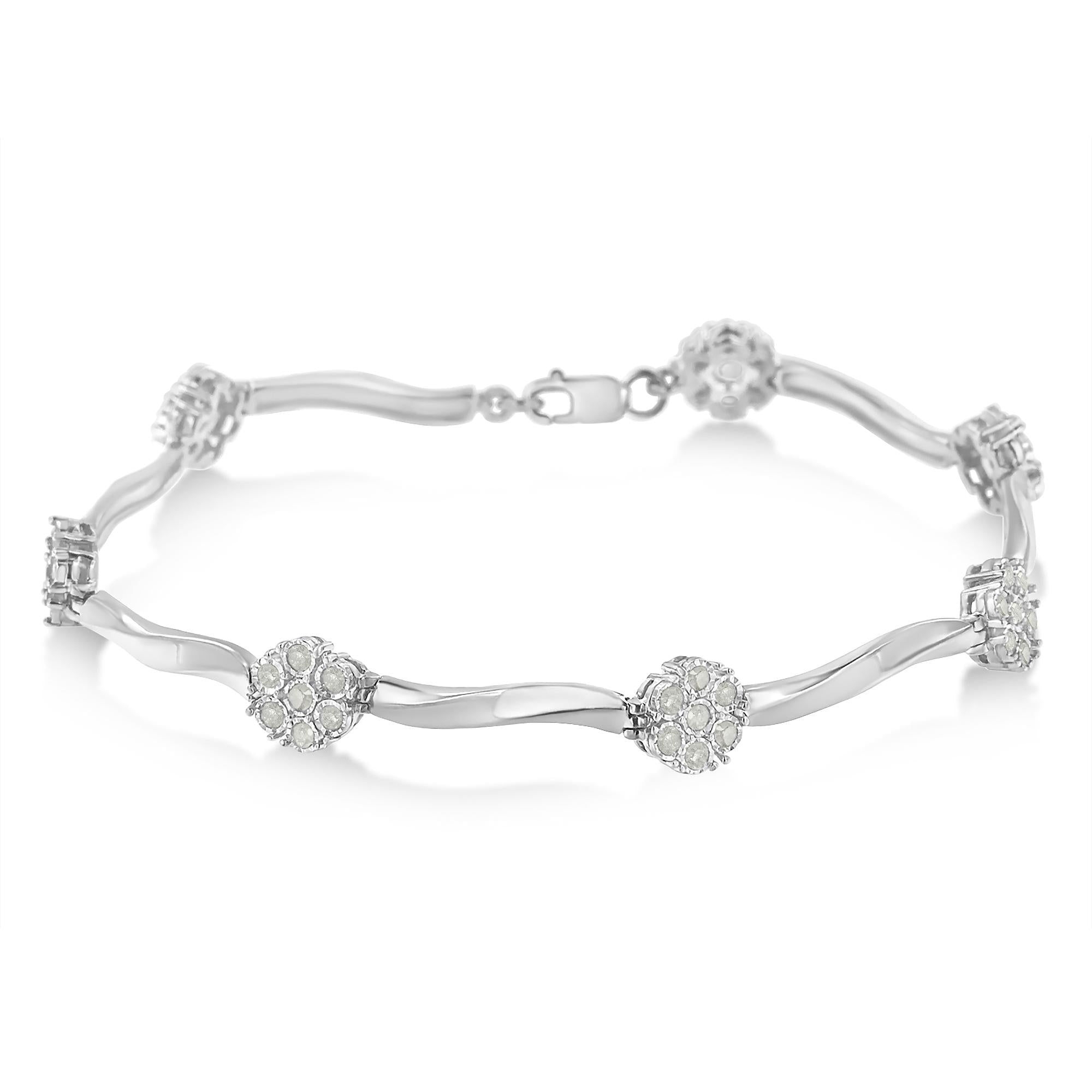 .925 Sterling Silver 1.0 cttw Miracle-Set Diamond 7 Stone Floral Cluster Link Bracelet (I-J Color, I3 Clarity) -7"-1