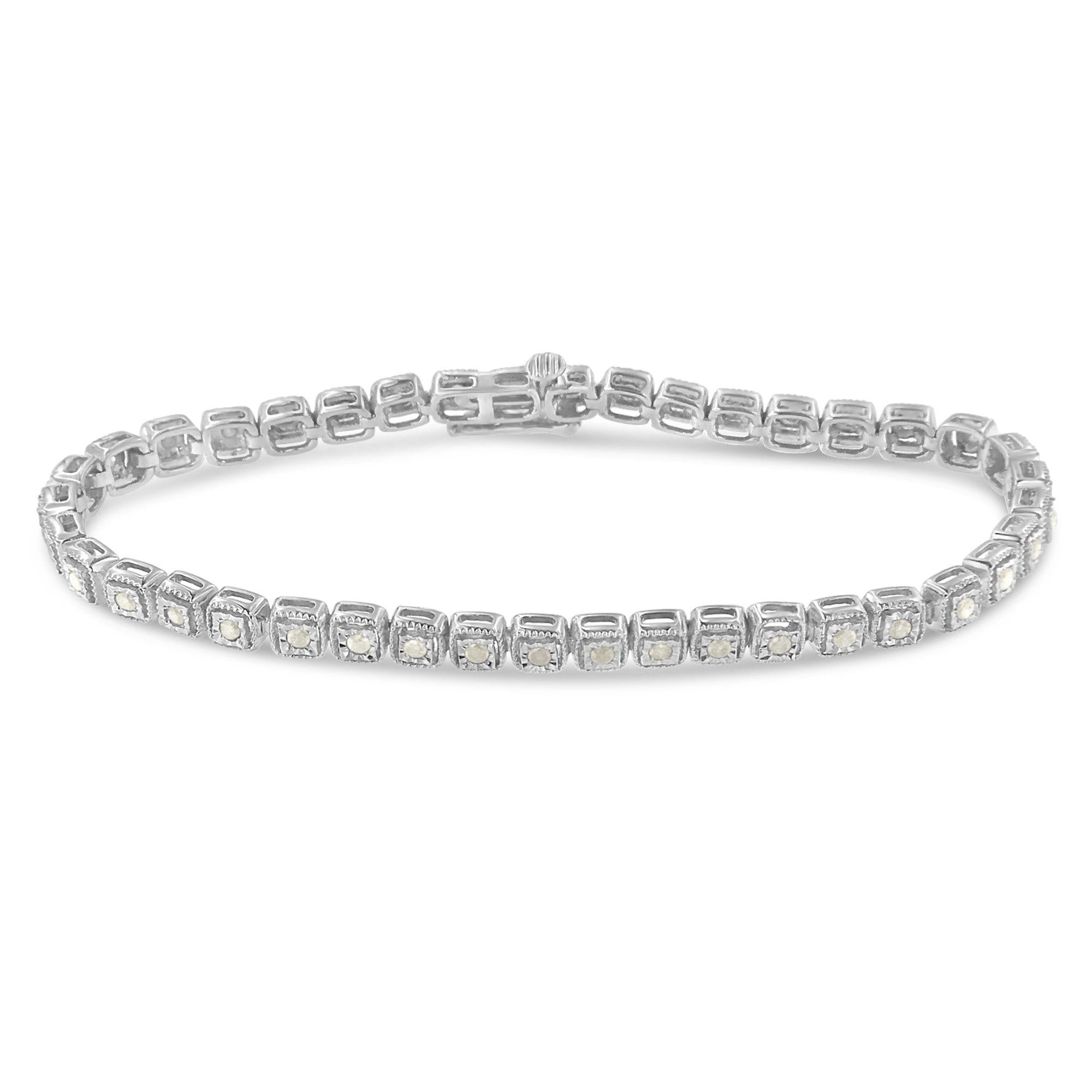 .925 Sterling Silver 1.0 Cttw Diamond Miracle-Set Square Milgrain 7" Link Tennis Bracelet (I-J Color, I3 Clarity)-1