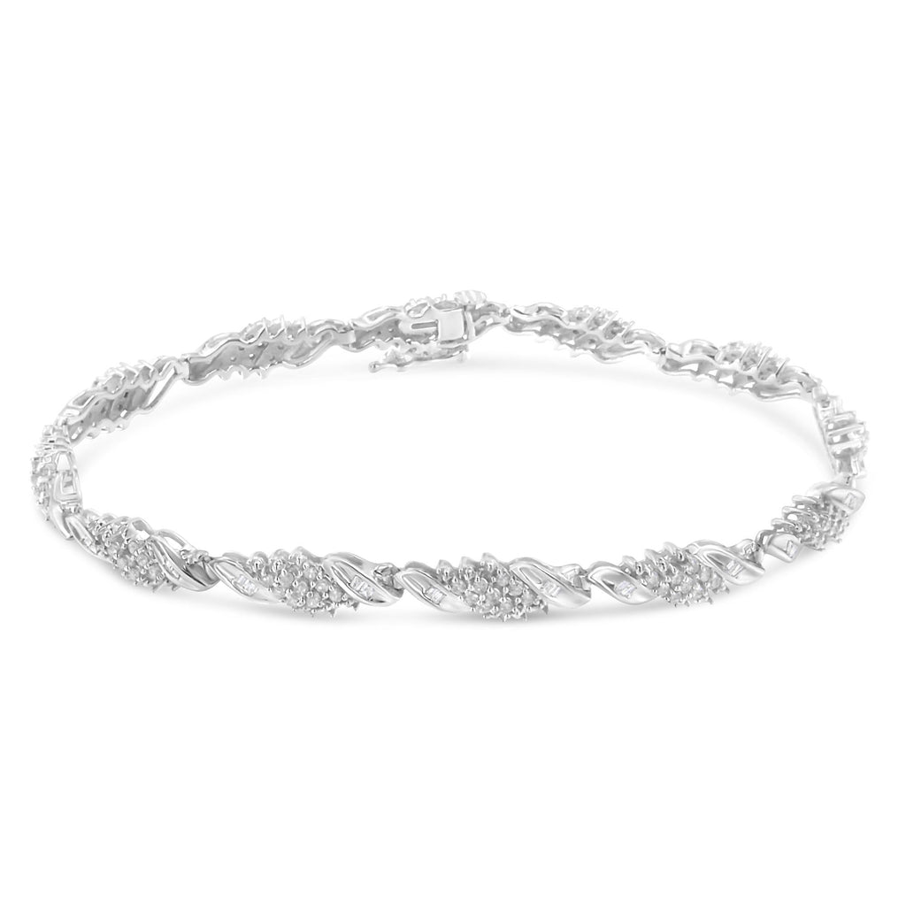 .925 Sterling Silver 1-1/2 Cttw Round and Baguette Cut Diamond Wave Link Bracelet (I-J Color, I2-I3 Clarity) - 7"-1