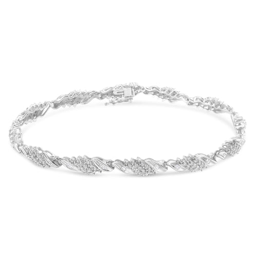 .925 Sterling Silver 1-1/2 Cttw Round and Baguette Cut Diamond Wave Link Bracelet (I-J Color, I2-I3 Clarity) - 7"-1