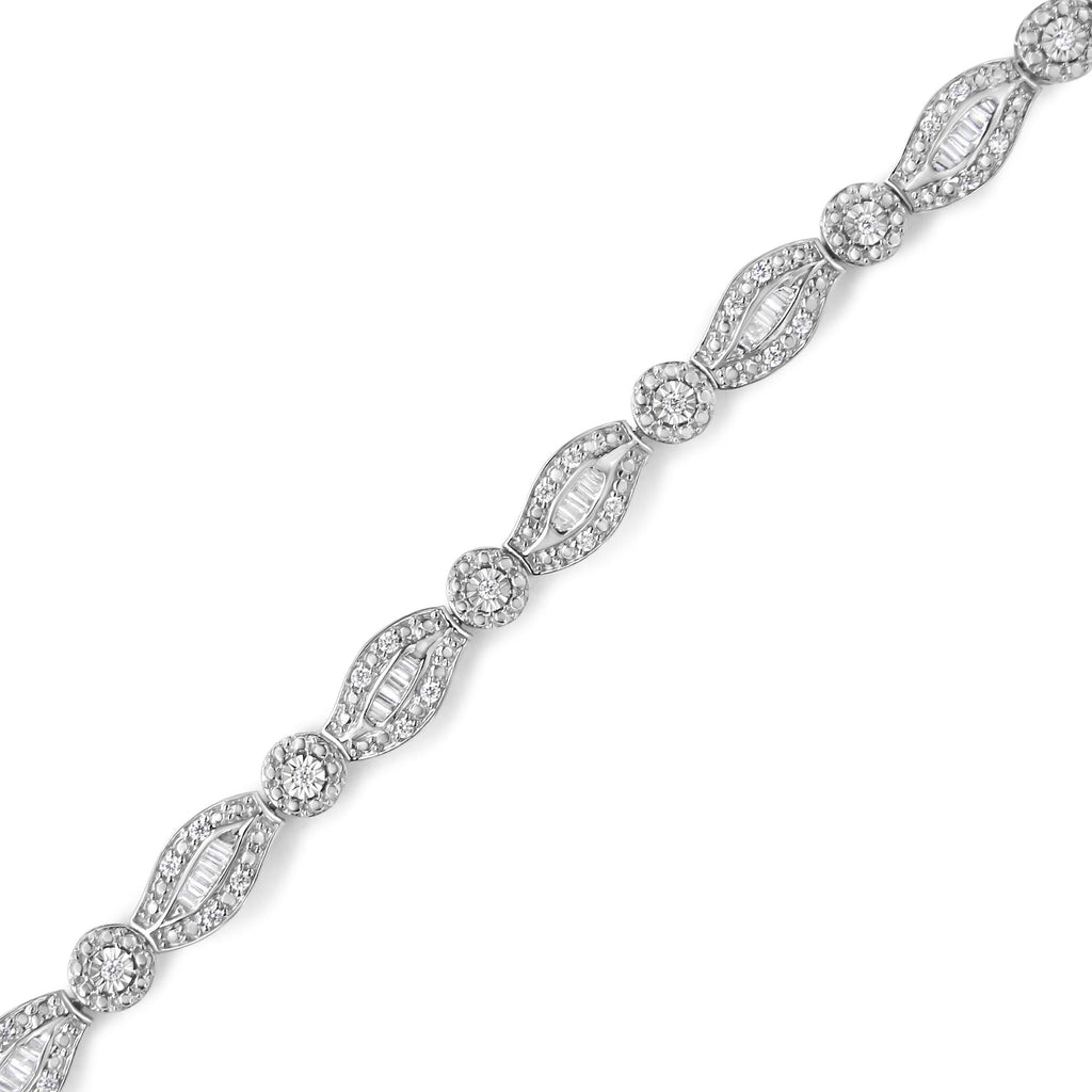 .925 Sterling Silver 1 cttw Diamond Double Leaf and Bezel Link Bracelet (I-J Clarity, I2-I3 Color) - Size 7.25"-1