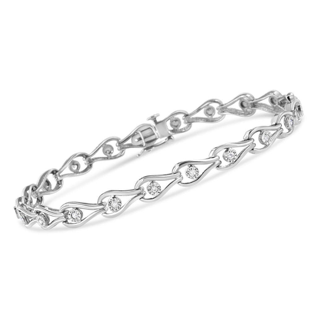.925 Sterling Silver 1/10 Cttw Miracle-Set Diamond Pear Shape and Bezel Link Bracelet (I-J Color, I3 Clarity) - 7.25"-1