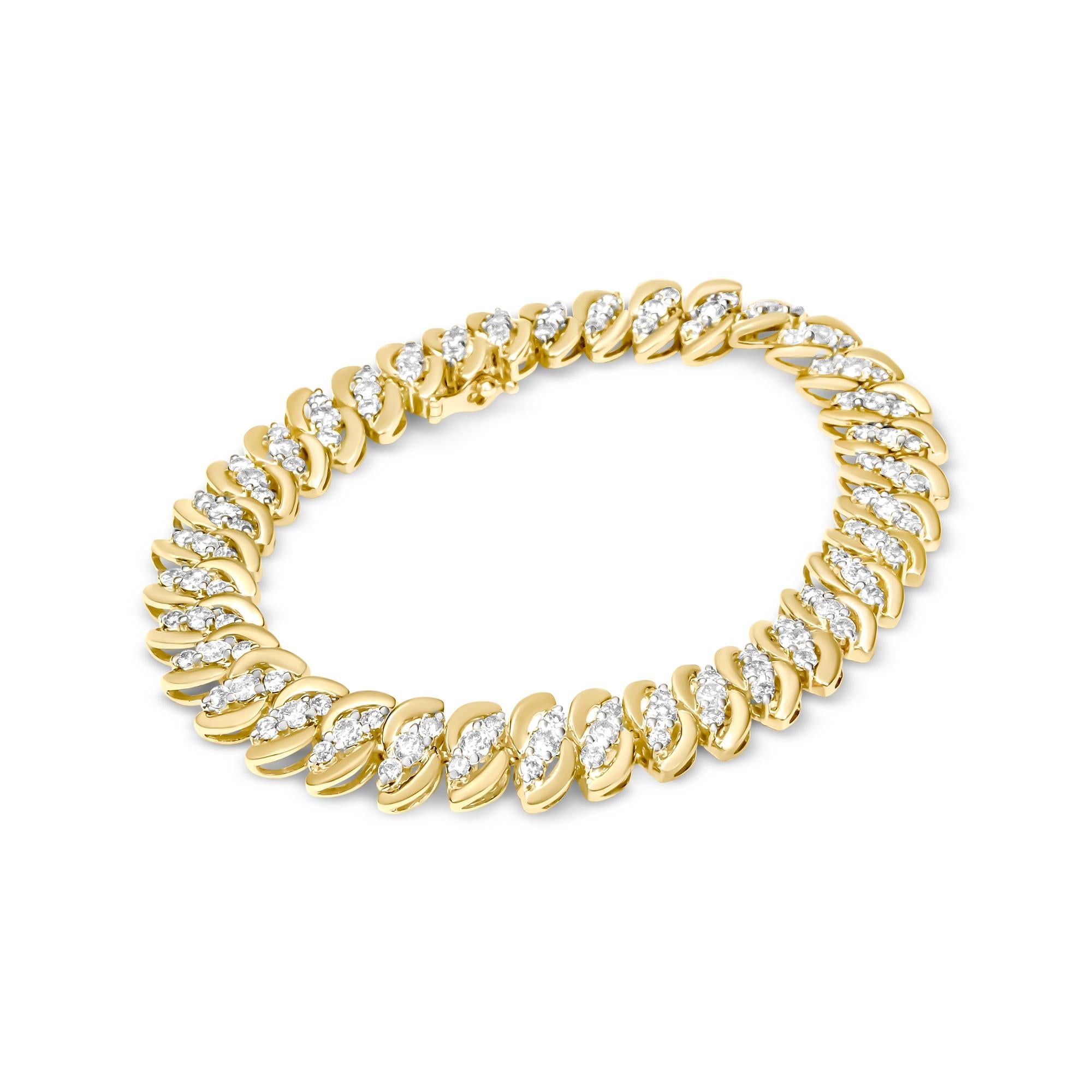 10K Yellow Gold 5.0 Cttw Diamond Double Row S-Link Cuban Bracelet (J-K Color, I2-I3 Clarity) - 7.25" Inches-1