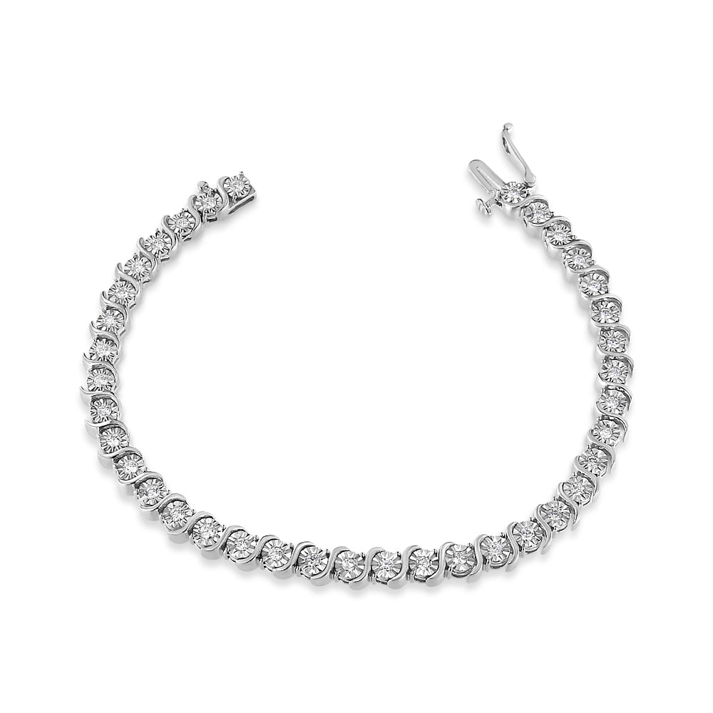 14K White Gold 1.00 Cttw Lab Grown Diamond Round Miracle Plate and "S" Link Tennis Bracelet (F-G Color, VS2-SI1 Clarity) Size 7"-1