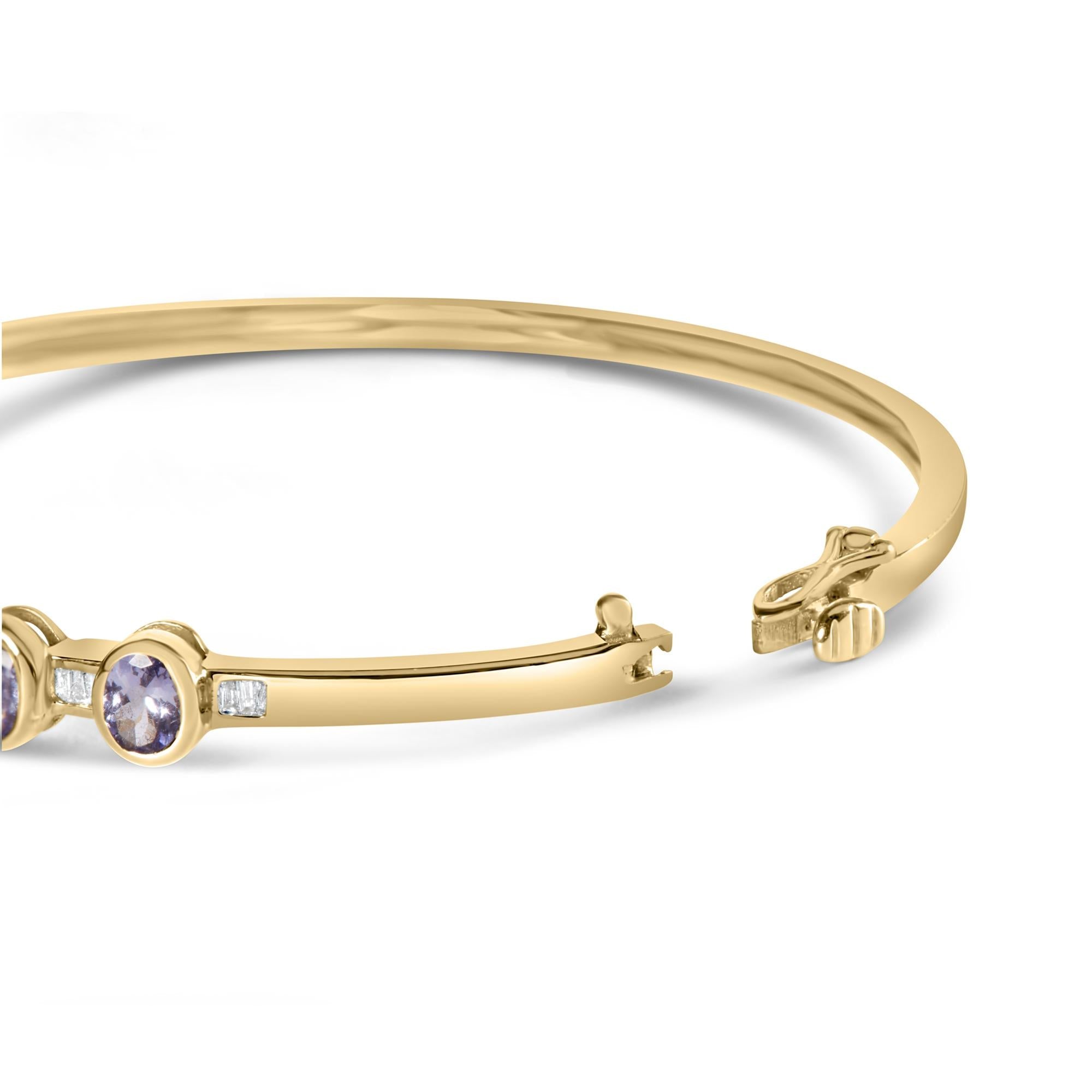 14K Yellow Gold Alternating Bezel Set 5MM Oval Shaped Tanzanite and 1/5 Cttw Diamond Bangle Bracelet (H-I Color, VS2-SI1 Clarity) - Fit's wrists up to 7.25" Inches-1