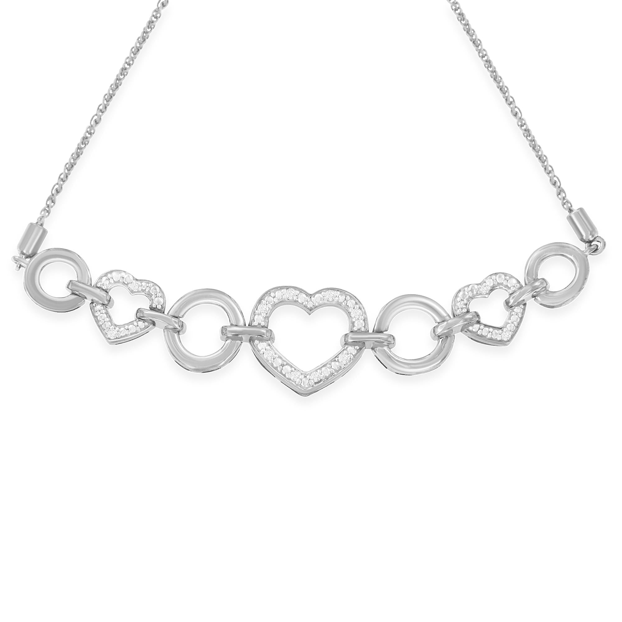 .925 Sterling Silver 1/10 Cttw Round-Cut Diamond Heart-Link Adjustable Bolo Bracelet ( H-I Color, I2-I3 Clarity) - 6"-9" Adjustable-1