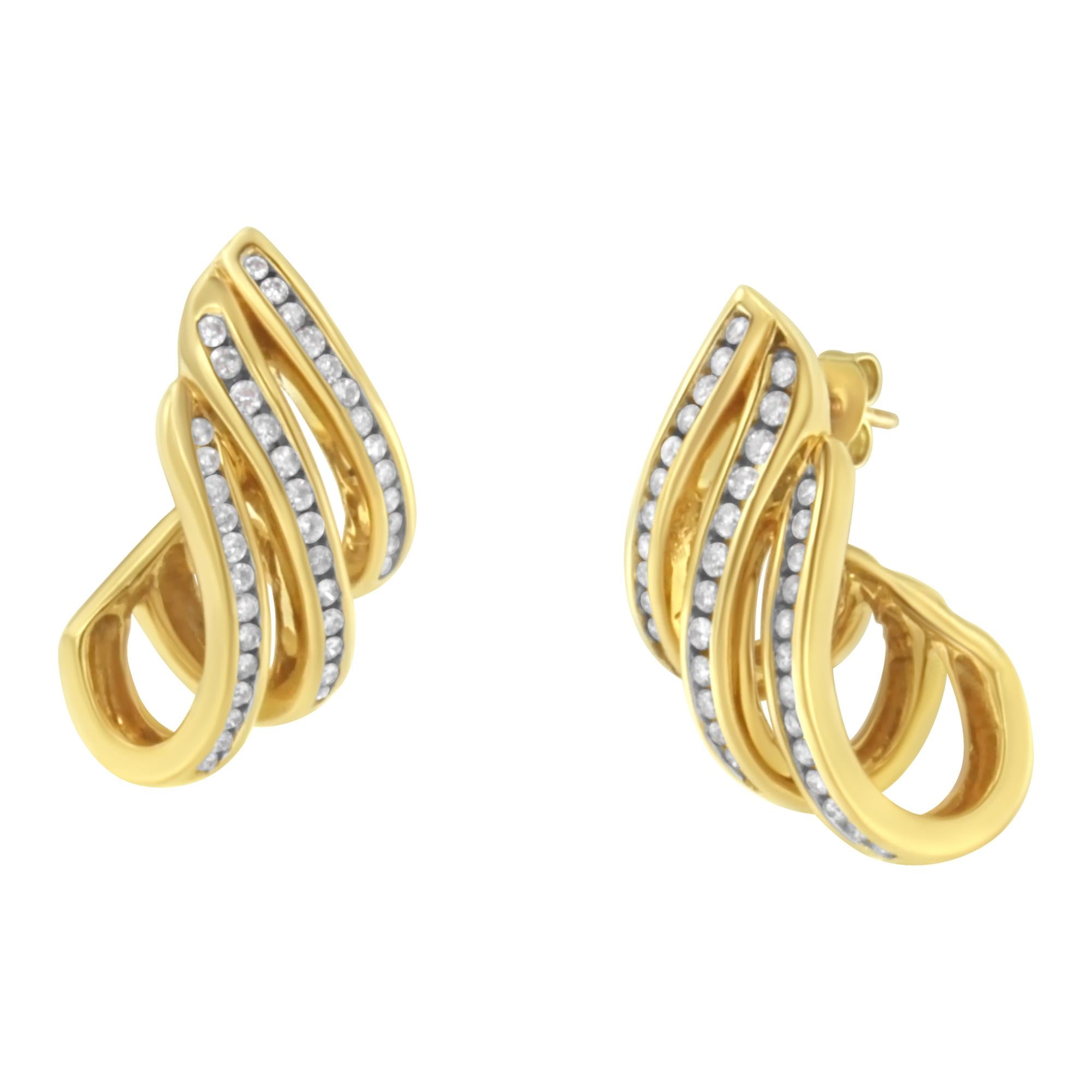 10K Yellow Gold 1.0 Cttw Round Brilliant Cut Diamond Spiral Multi Row Channel Set Open Hoop Pushback Stud Earrings (H-I Color, I1-I2 Clarity)-1