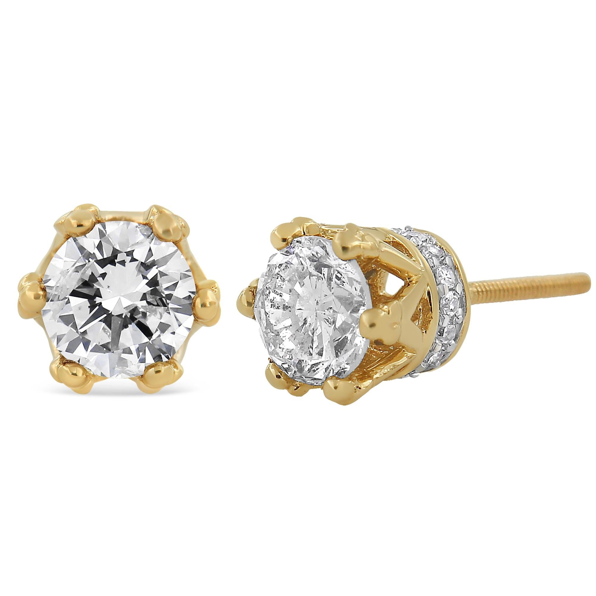 14K Yellow Gold 2.0 Cttw Round Diamond Crown Stud Earrings (I-J Color, I1-I2 Clarity)-1