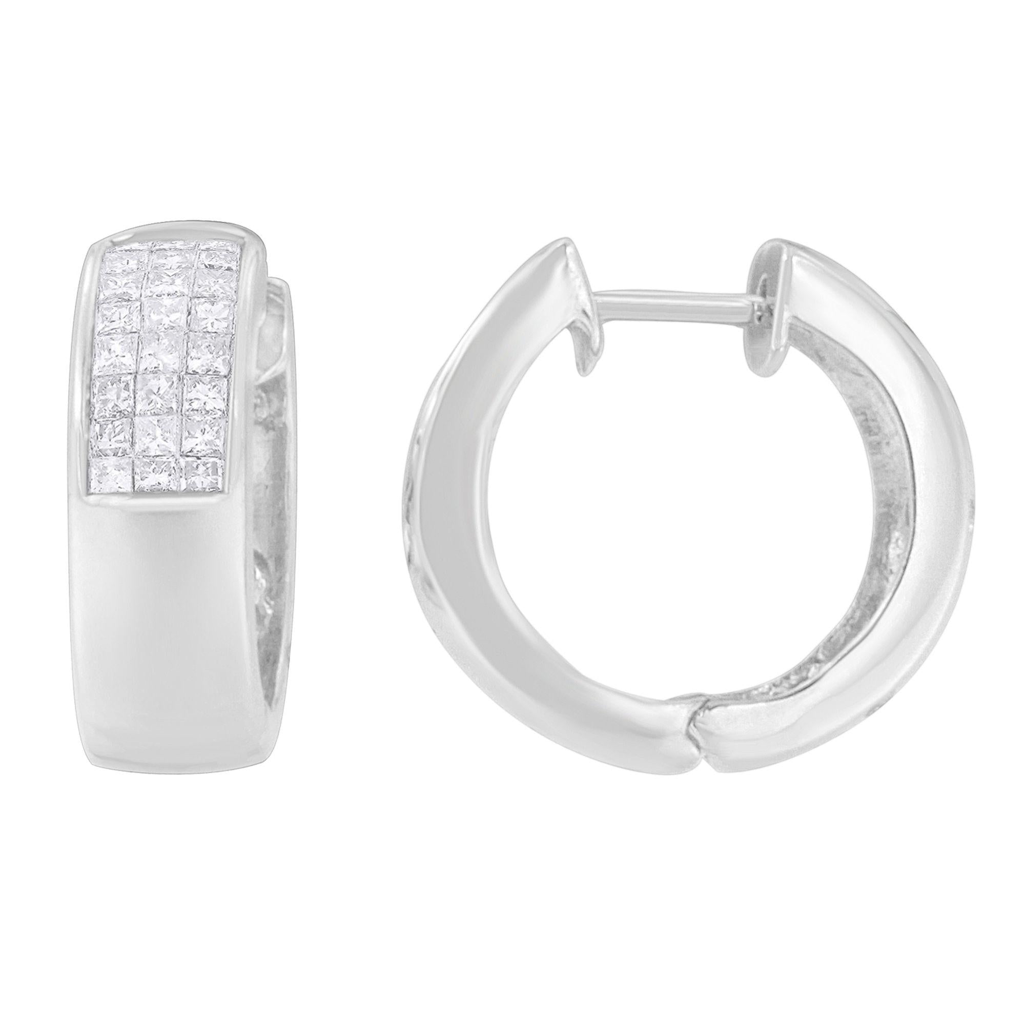 14K White Gold 1 1/8 cttw Princess and Round Cut Diamond Huggie Earrings (H-I, VS1-VS2)-1