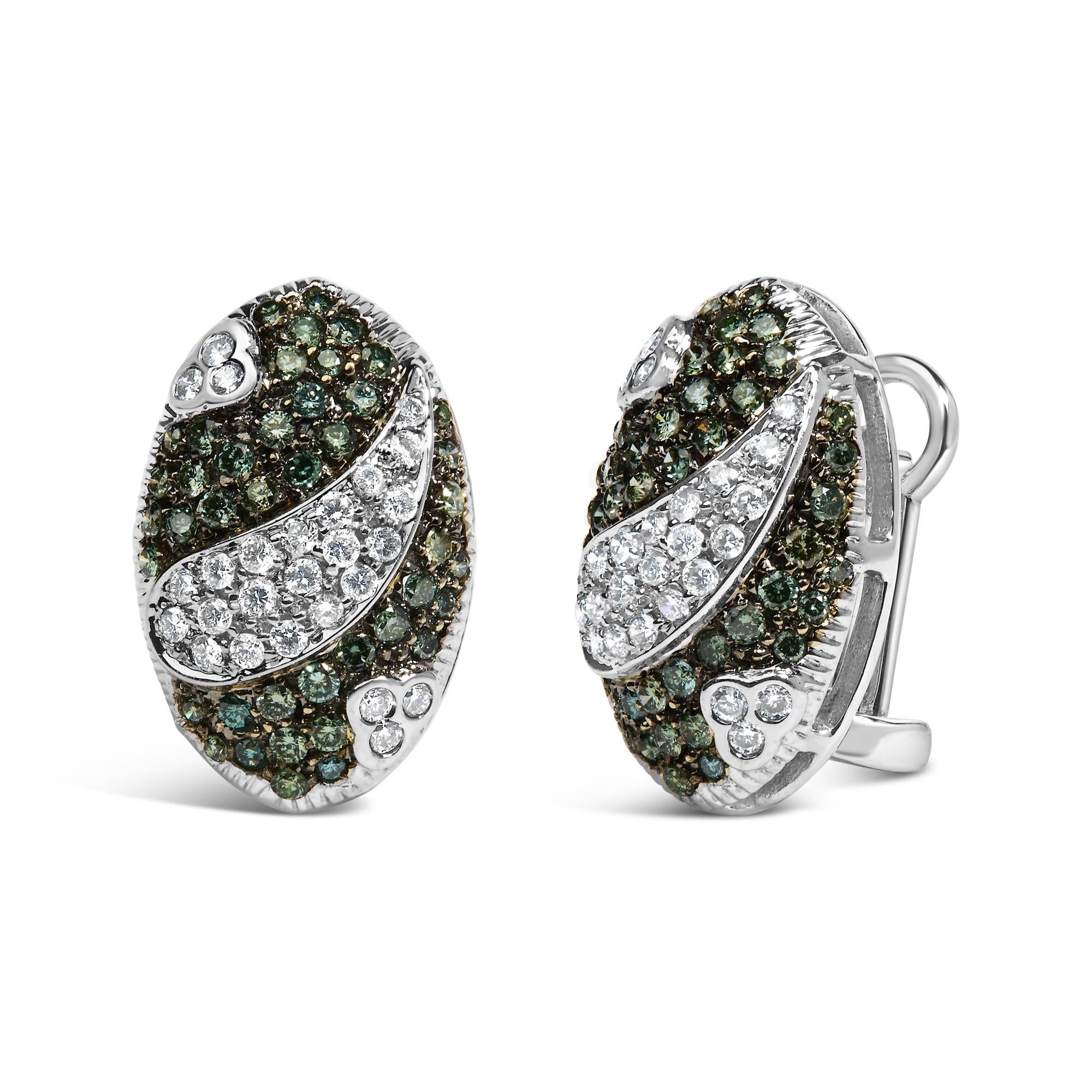 14K White Gold 2.00 Cttw White and Treated Blue Diamond Oval Shield Omega Back Earrings (H-I Color, SI1-SI2 Clarity)-1