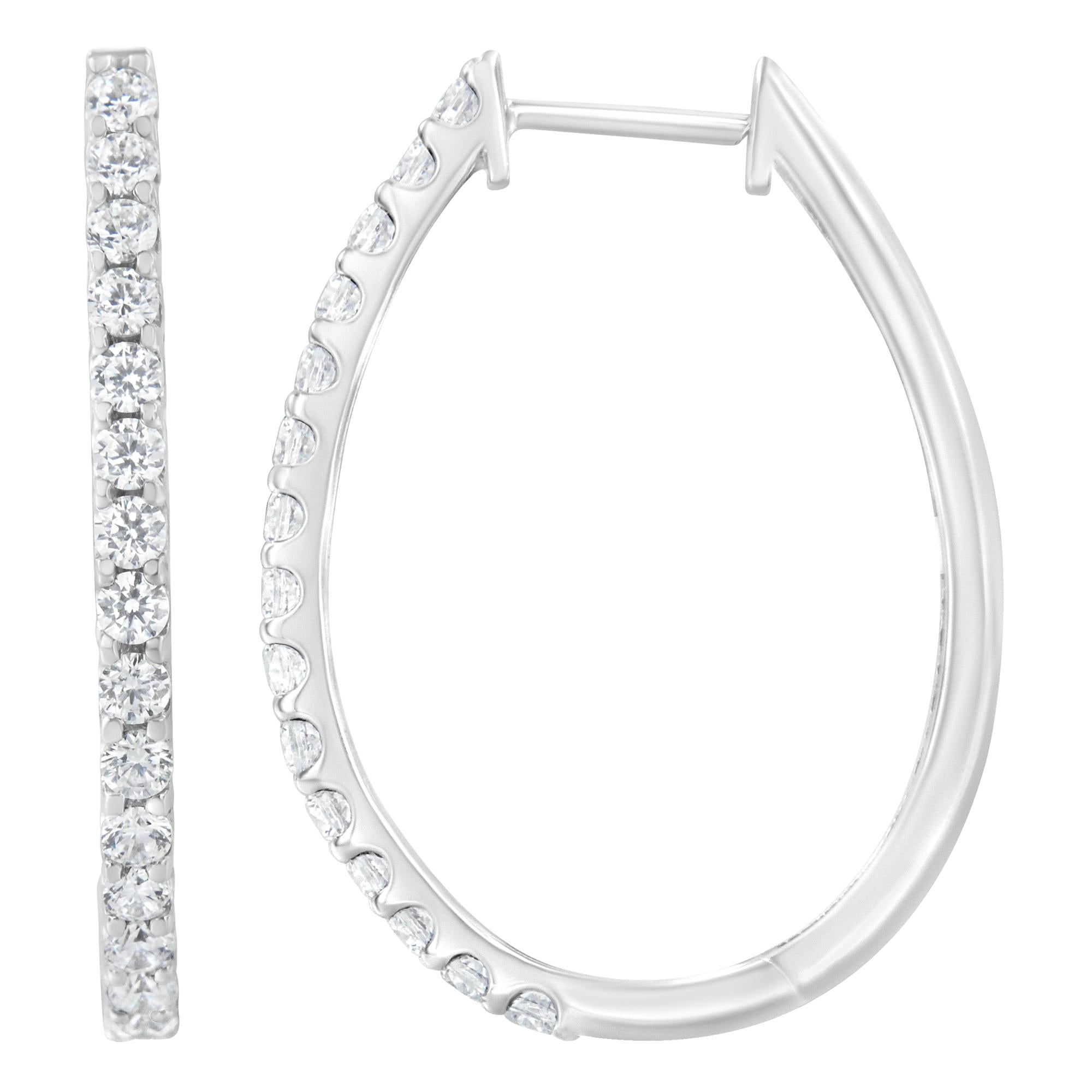 14K White Gold 2.0 Cttw Round Brilliant Cut Diamond Oblong Hinged Leverback Hoop Earrings (I-J Color, I1-I2 Clarity)-1