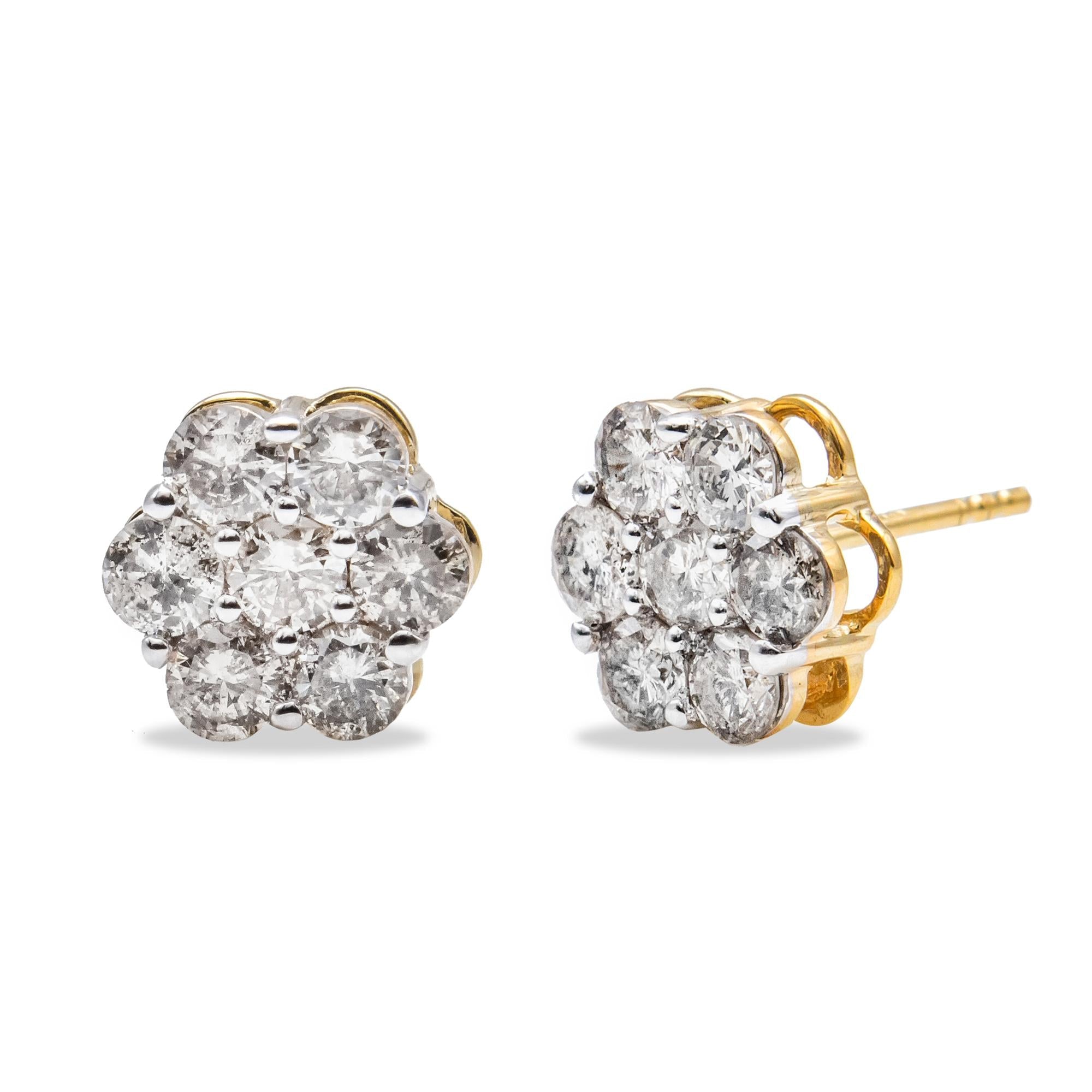14K Yellow Gold 2.0 Cttw Diamond Floral Cluster Stud Earring with Screw Back (H-I Color, SI1-SI2 Clarity)-1