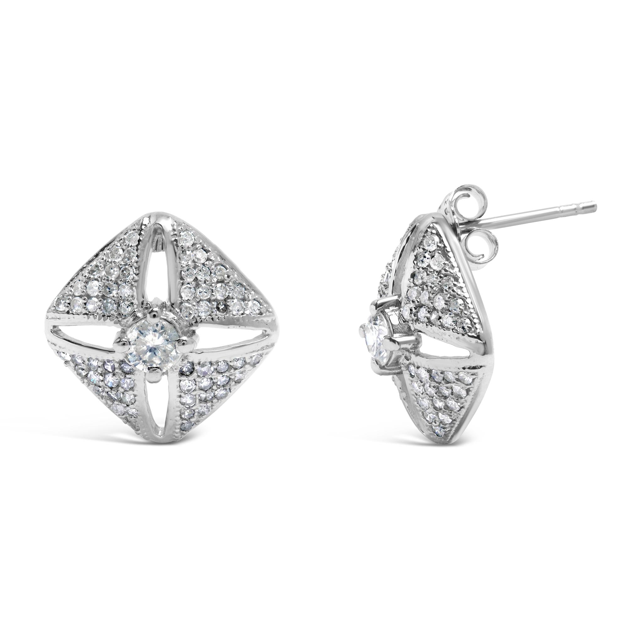 .925 Sterling Silver 1.0 Cttw Diamond Studded Rhombus Stud Earring (H-I Color, I2-I3 Clarity)-1