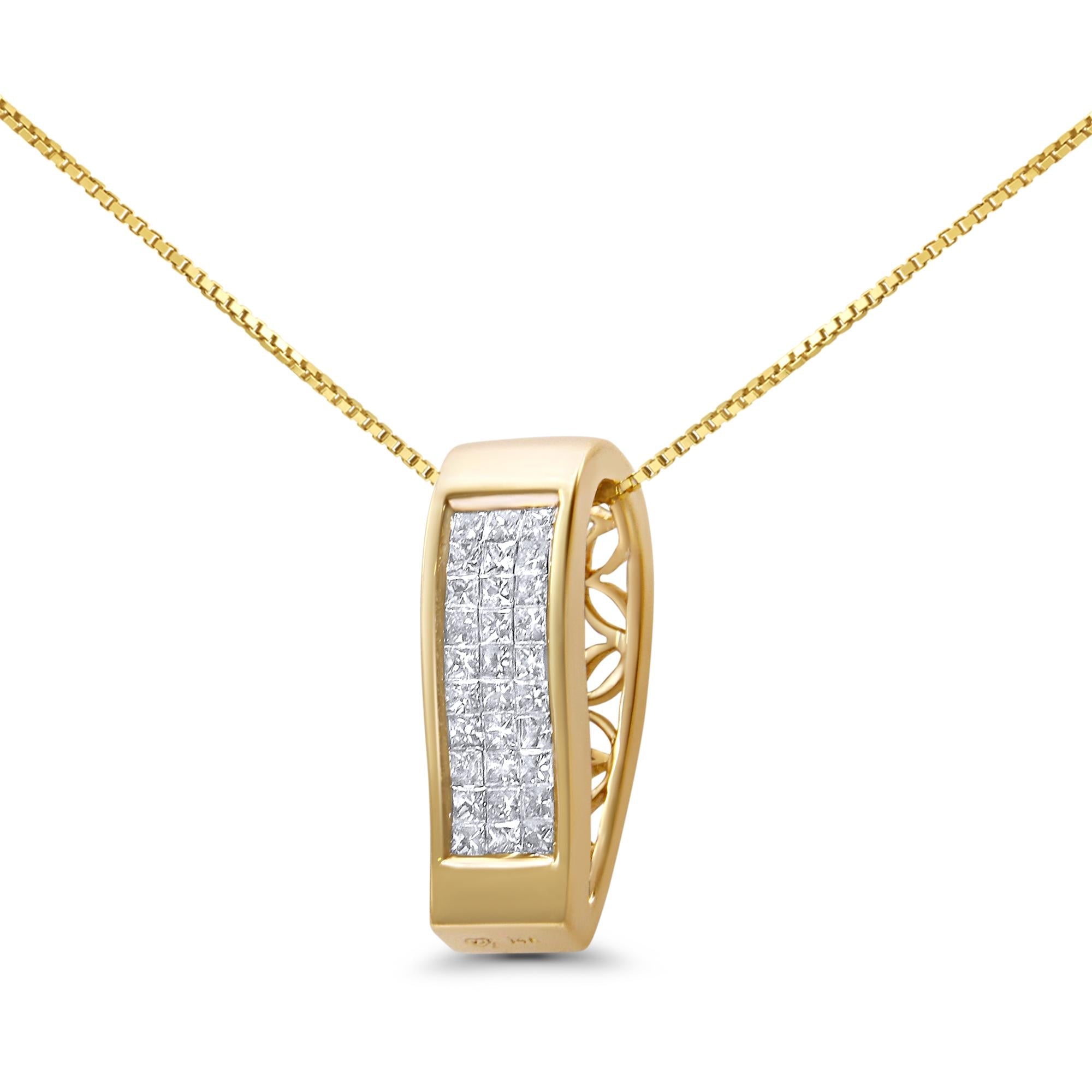 14K Gold 1/2 Cttw Invisible Set Princess Cut Diamond Vertical Bar Block Pendant 18" Necklace (H-I Color, SI2-I1 Clarity)-3