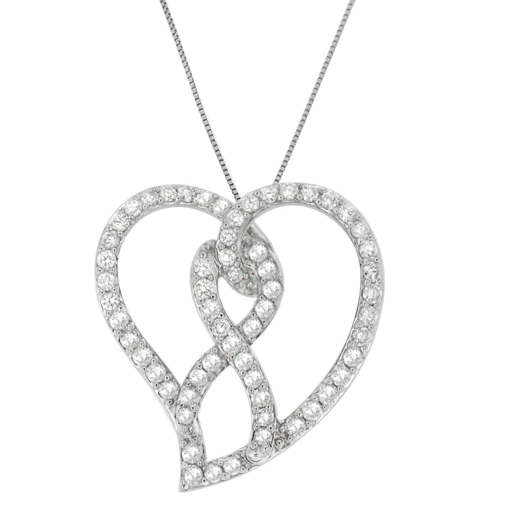 14K White Gold 1.0 Cttw White Diamond Awareness Ribbon & Open Heart 18" Pendant Necklace (H-I Color, I1-I2 Clarity) - White Diamond Ribbon-1